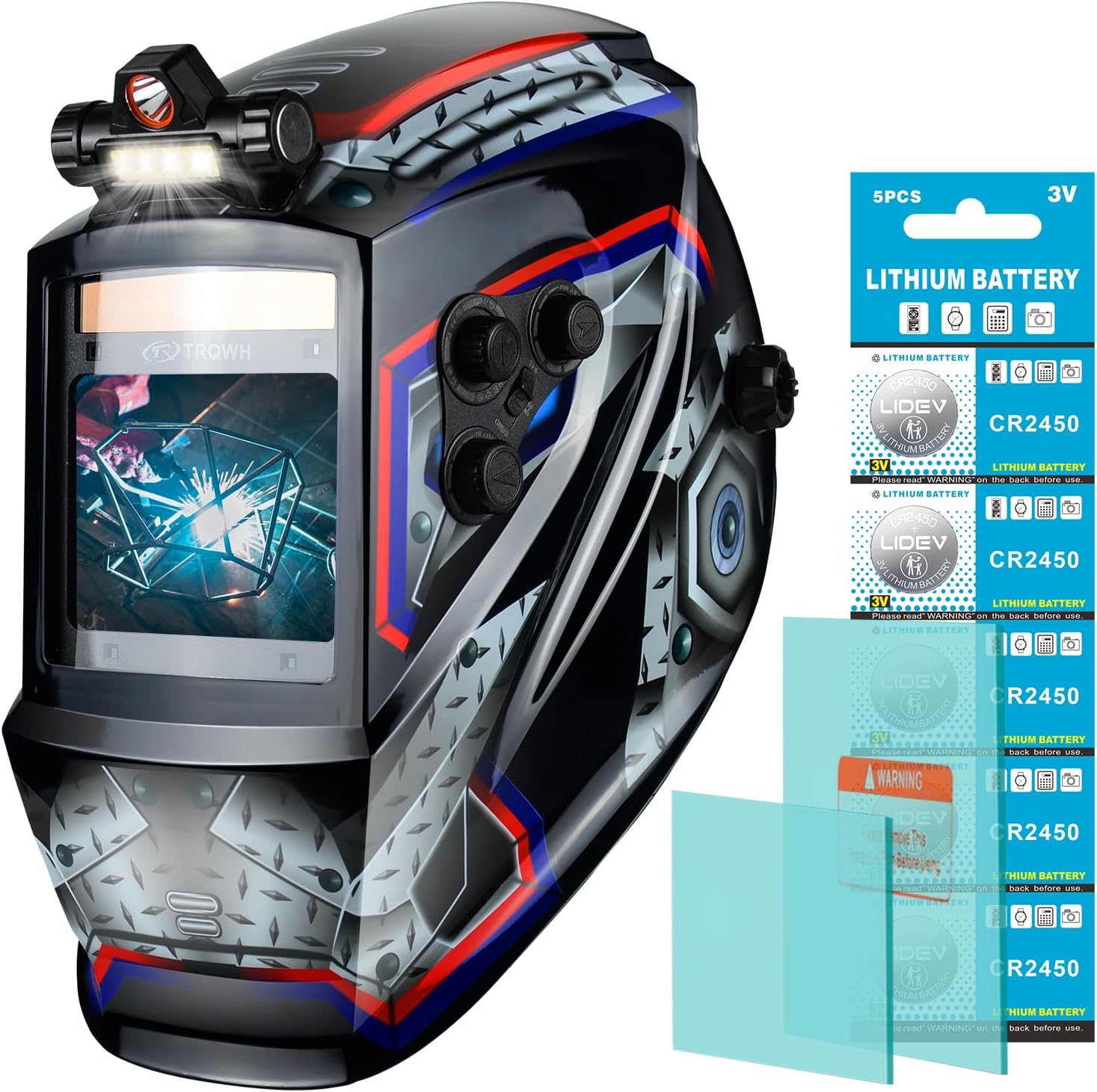 TRQWH Welding Helmet Auto Darkening Large Viewing True Color Solar Powered Welding Mask with 4 Arc Sensor Adjustable Wide Shade Range 4~5-8/9-13 Welder Mask with Grinding