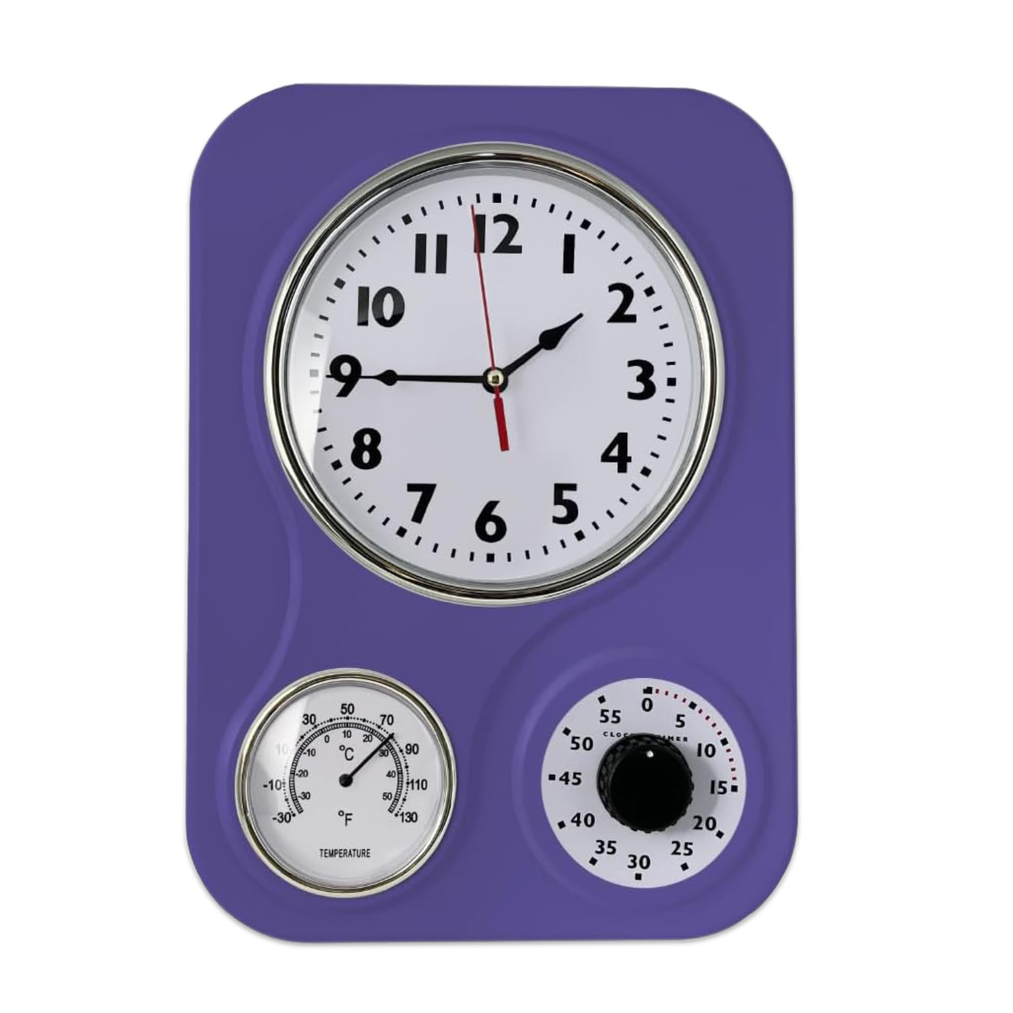 Lily's Home (9.5 Inch x 13.3 Inch Retro Kitchen Wall Clock, Vintage Wall Clock with a Thermometer and 60-Minute Timer, Ideal for Any Kitchen, Office, or Diner (Purple)
