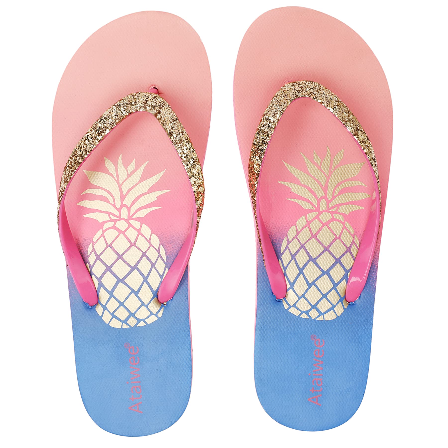 Ataiwee Girls Flip Flop Sandals - Little/Big Kids Easy-On Slide Thong, Animal Fruit Print Summer Beach Water Shoes.