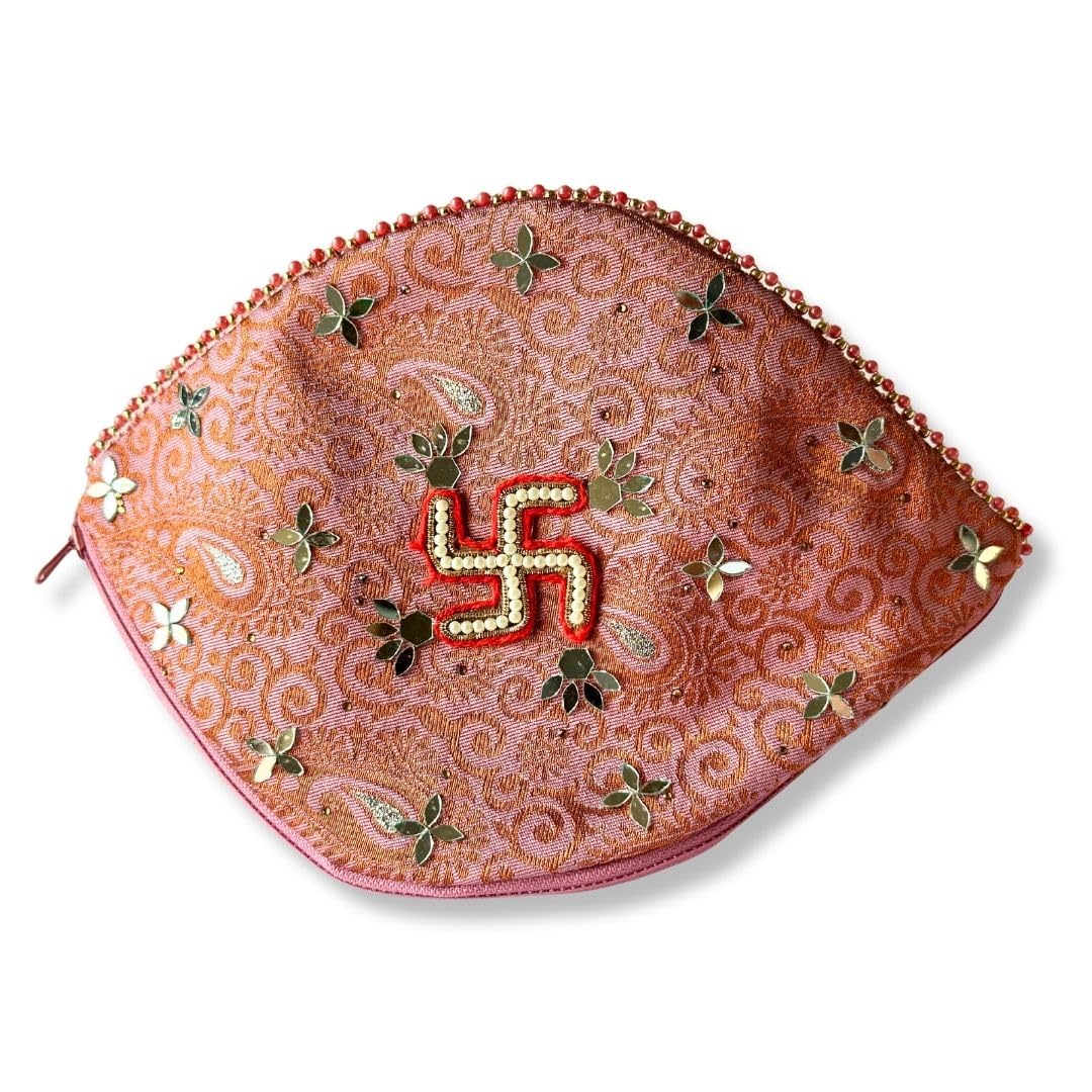Decorated Nariyal Gola Shreefal Cover for Shagun in Pooja Wedding Roka Tilak Engagement, Kobbari Decorated Cloth Cover (Pink)-image-23