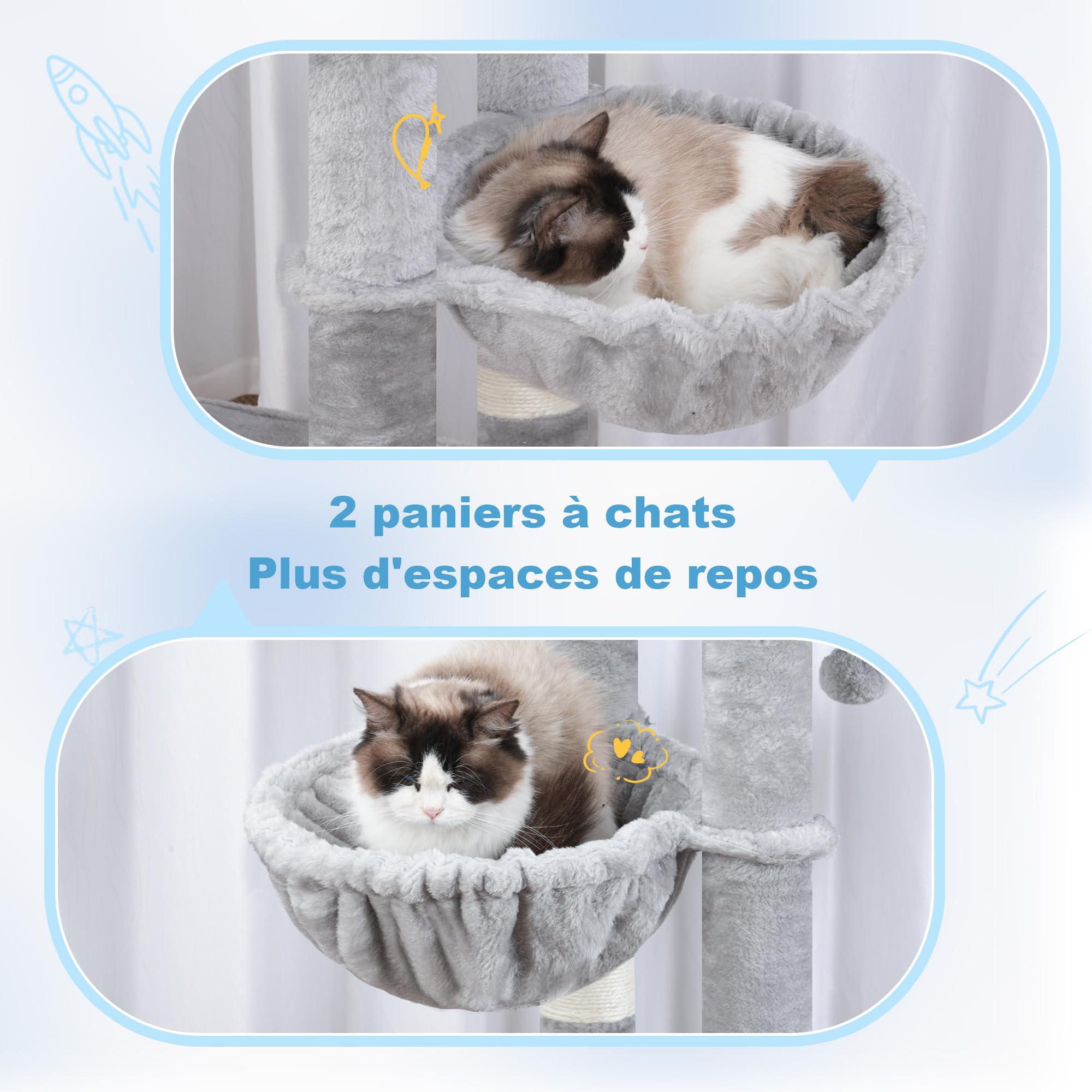 Hey-brother Arbre à Chat, Tour de Jeux pour Chats spécifique pour Les Chats Grands et Les Maine Coon, avec 2 Grandes Plateformes, 2 hamacs, Un Grand Niche Un Peigne à toilettage, Gris Clair MPJ070W