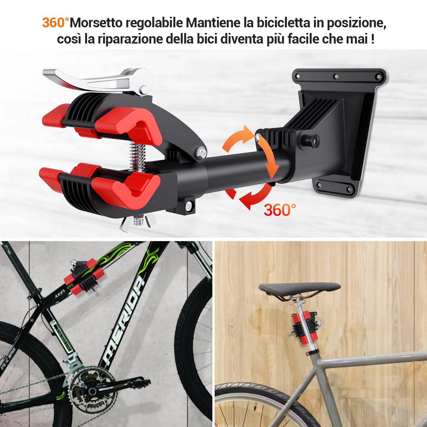 Sportneer Supporto da Parete per Bicicletta, Regolabile, Rimovibile, per Riparazione e Manutenzione, Nero, Plastica e Metallo