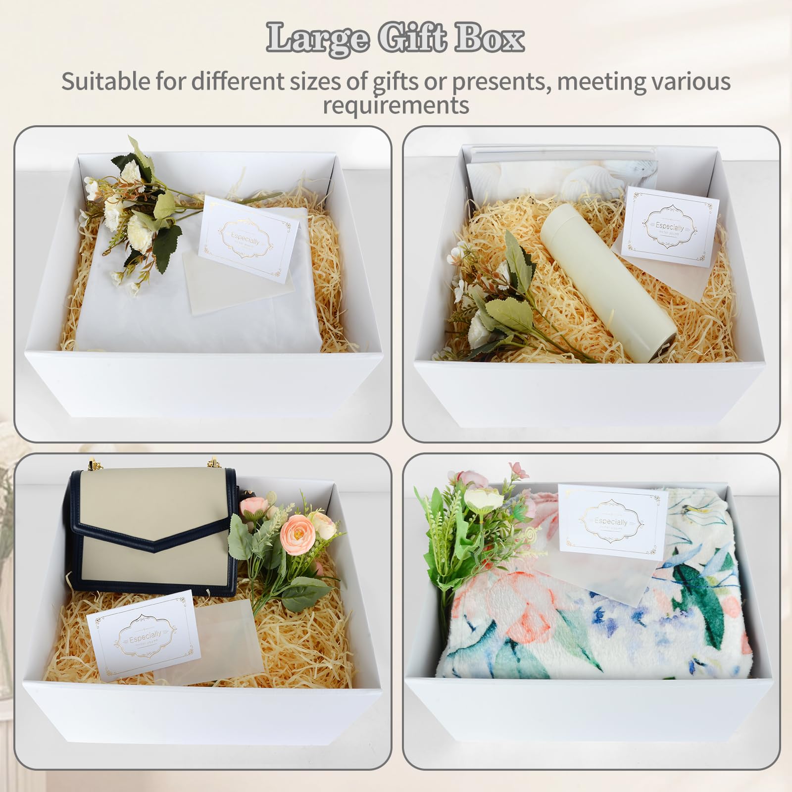 Set Scatola Regalo, Scatole Regalo Bianco con Coperchi 38 x 28 x 19 cm Scatola Regalo Grande con Nastro Biglietti Auguri Carta Velina Tagliuzzata per Natale Compleanno Matrimonio
