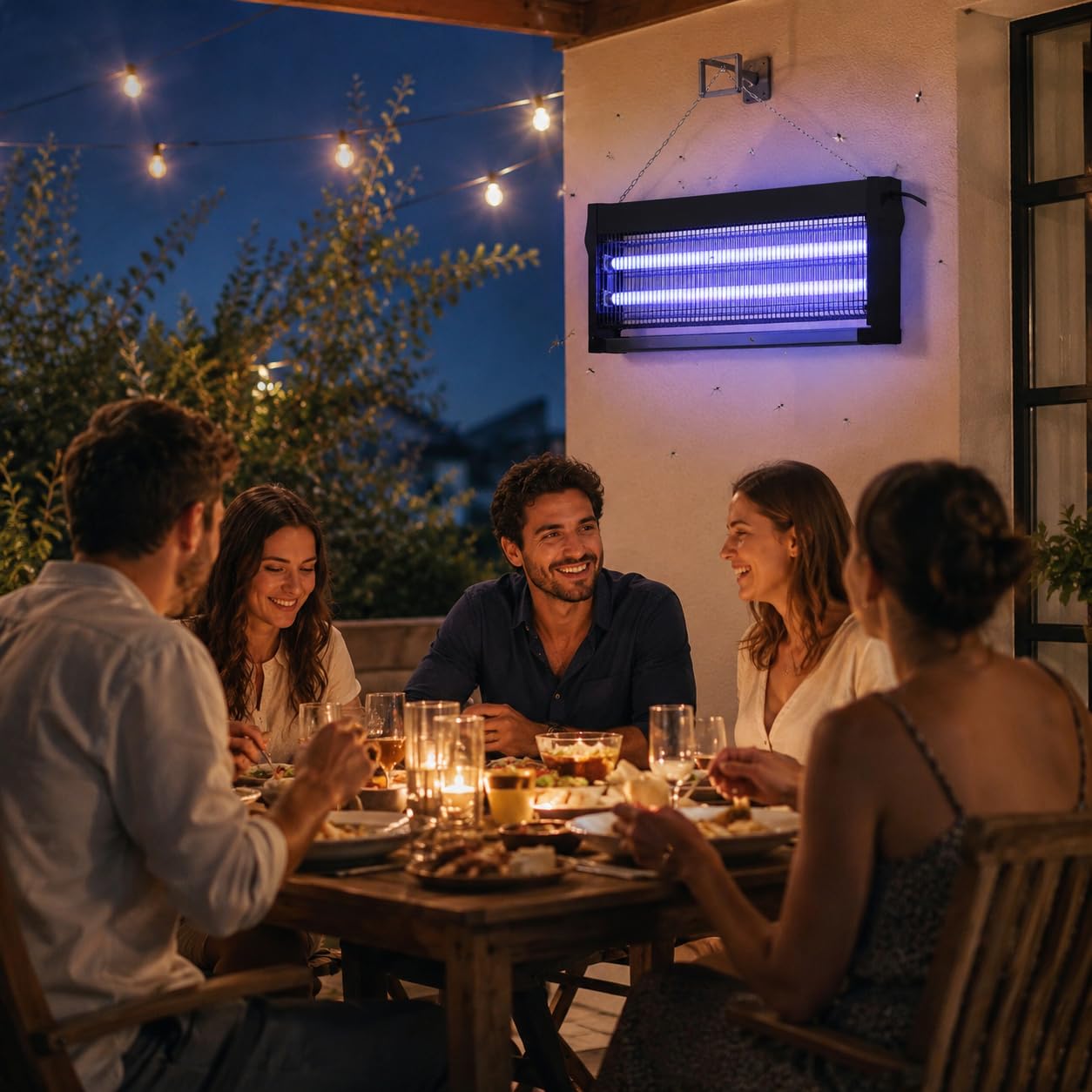 Zanzariera Elettrica 40W con 2 Lampade UVA - Copertura 150 mq | Zanzariera elettrica 40W con 2 lampade UVA, copertura 150 mq, cassetto estraibile, griglia in ferro e catena.