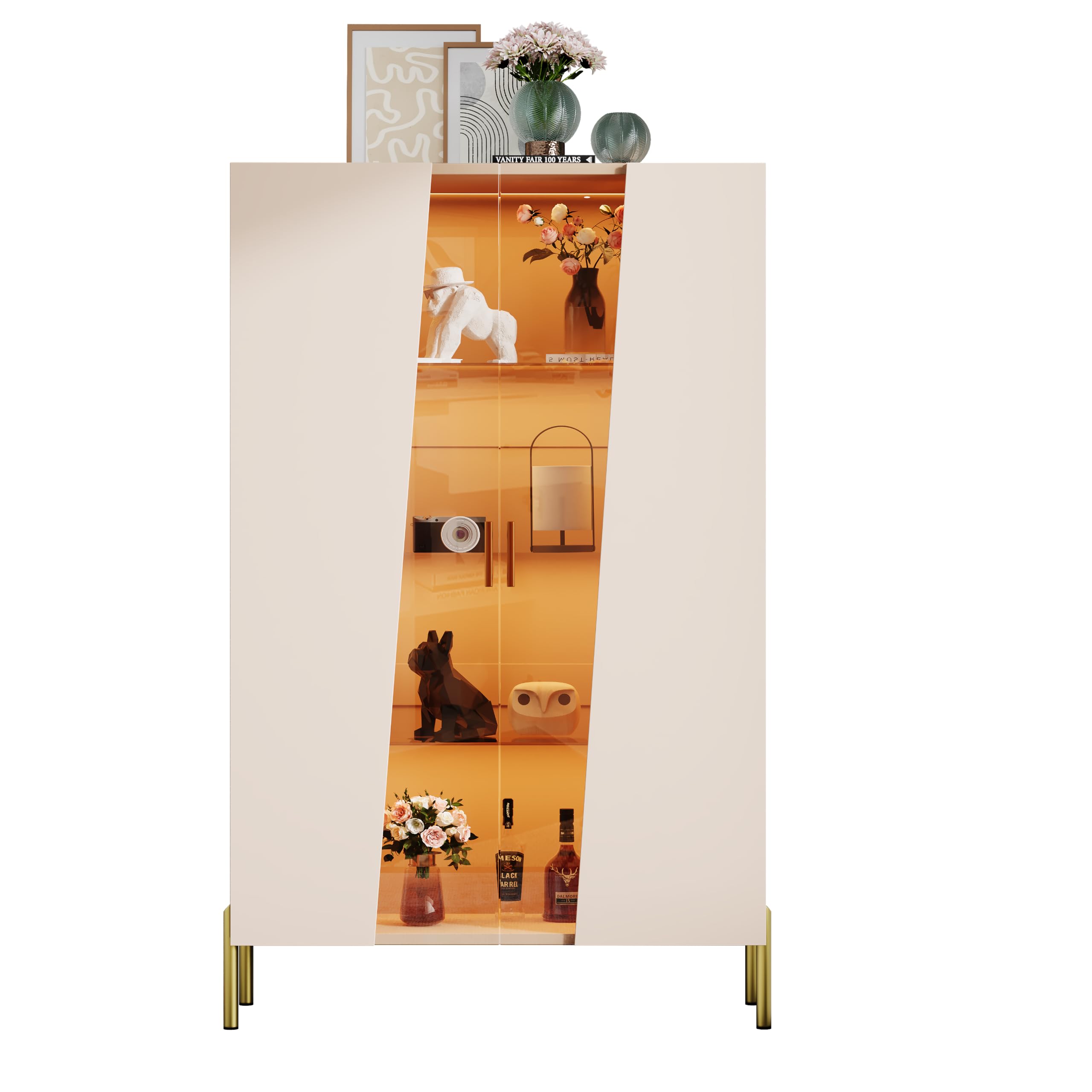 Armario de cristal de 72 x 40 x 145 cm con puerta de cristal templado asimétrico, 3 estantes de cristal, tirador de metal y patas de metal, vitrina, comedor, estantería, color beige
