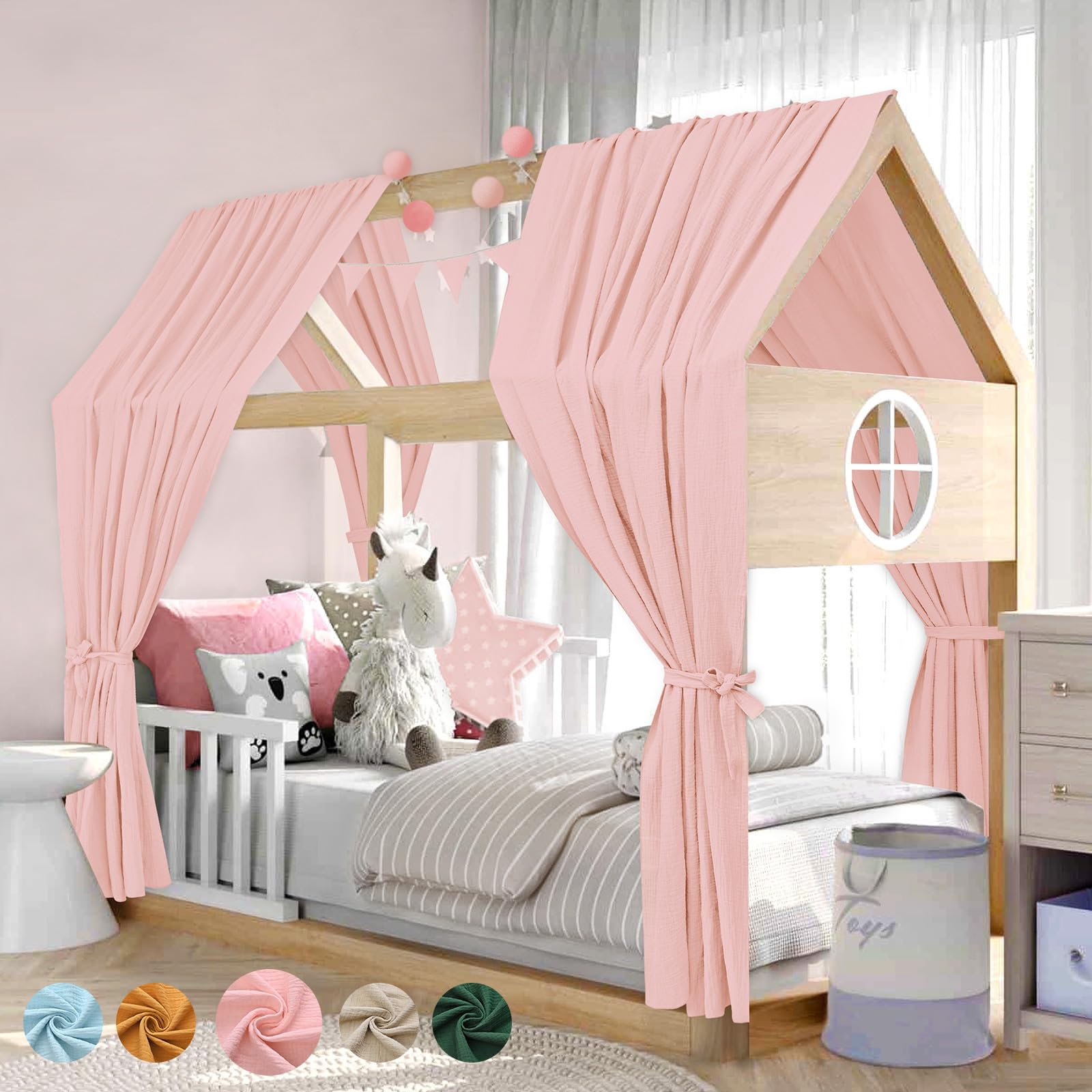 Alishomtll Hausbett Himmel Deko Set, 2 Betthimmel Hausbett aus 100% Baumwolle Musselin, 1 Wimpelkette 300cm, Kinderbett Baldachin Stoffhimmel für Mädchen Jungen Kinderzimmer, 135x320cm Rosa