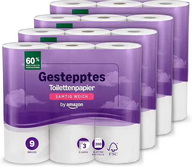 by Amazon Toilettenpapier, 3-lagig Gestepptes, 36 Rollen - Samtig Weich