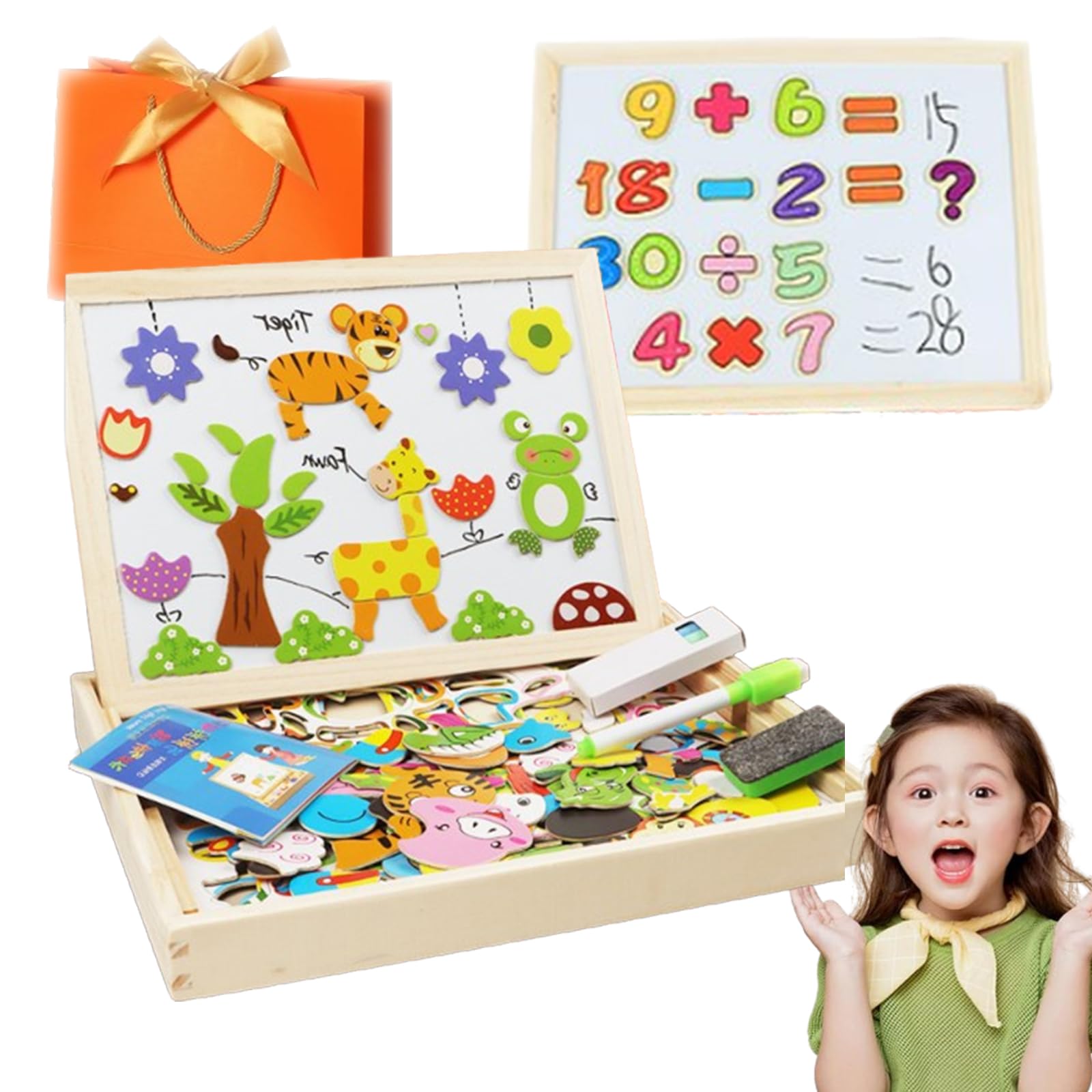 Wolkenschaukel 2 in 1 Montessori Zeichentafel, Magnetisches Holzpuzzle, 163 Stück Tiermuster Pädagogisches, Doppelseitige Magnettafel Kinder, Montessori Spielzeug ab 2 3 4 Jahre (A)