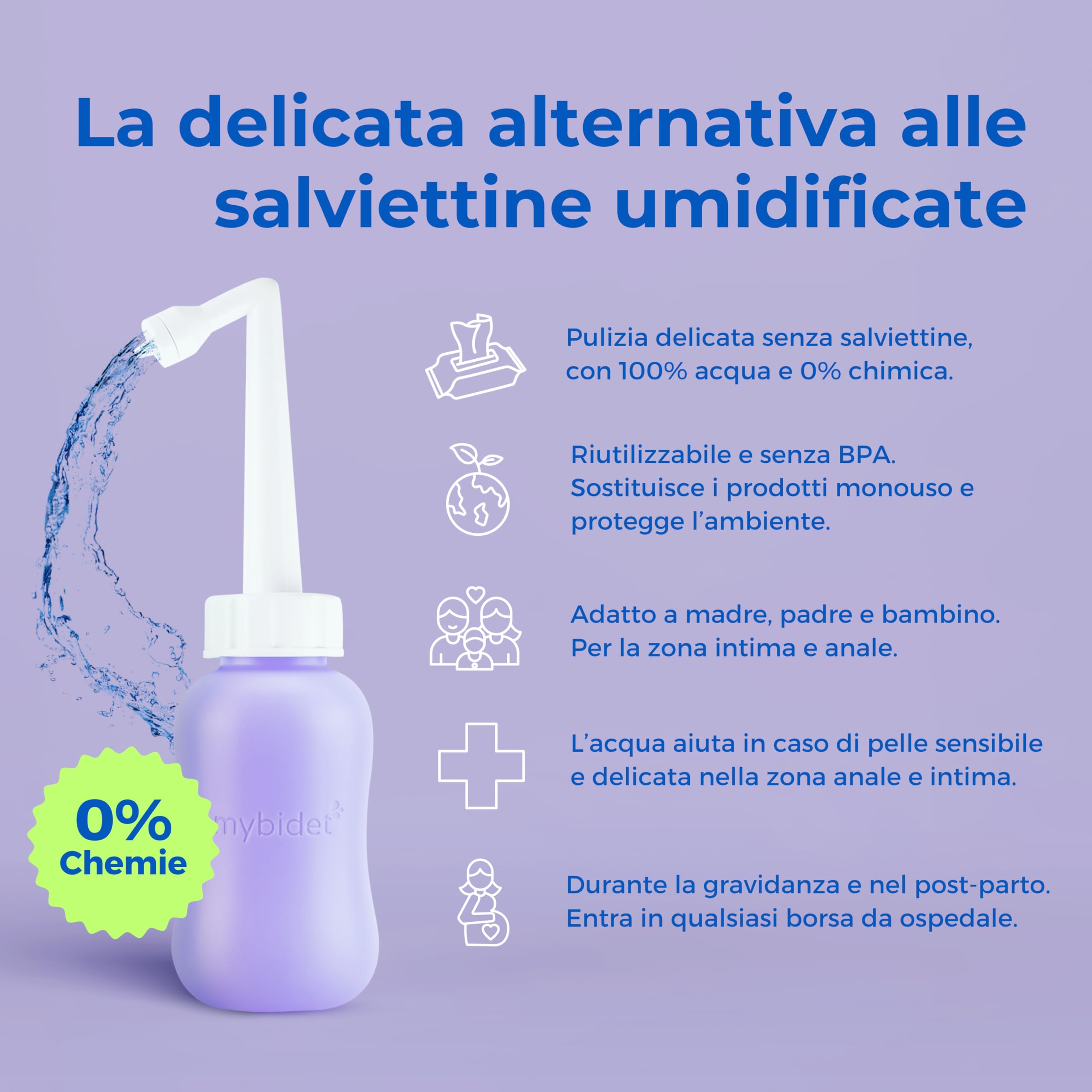 Doccia Intima 3.0 Po con Borsa da Viaggio e Coperchio, Facile da Premere, per Gravidanza, Puerperio, Glutei Doloranti, Bidet o Doccia Popo, Materiali Ecologici e BPA-free, Viola