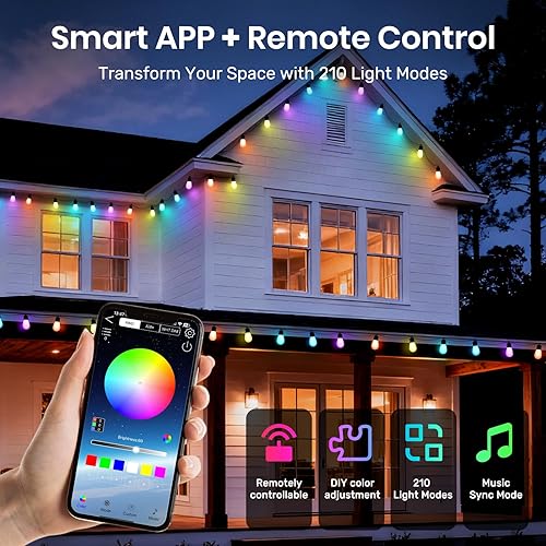 Miniatura 2 de Guirnalda de luces inteligentes para exteriores, 50 pies, RGB+IC y luces blancas cálidas de Navidad para exteriores con 20 bombillas LED regulables,