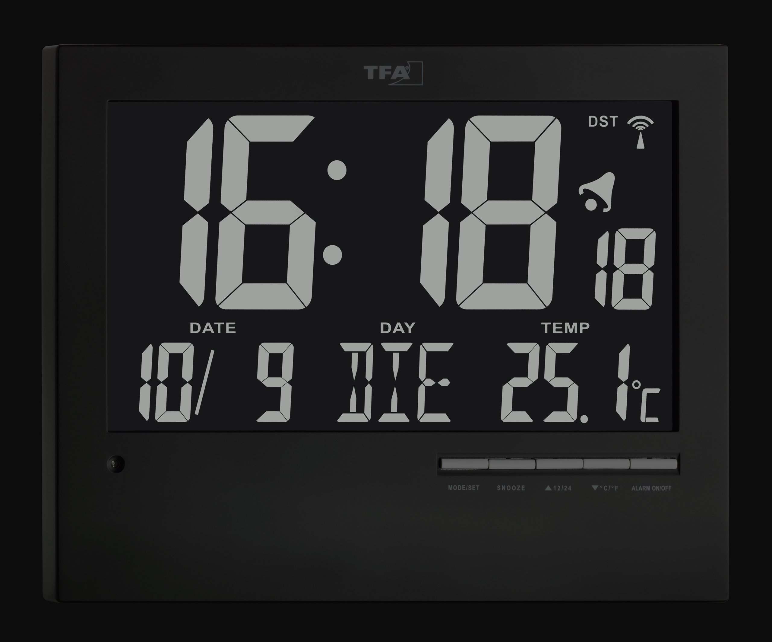 TFA Dostmann Digitale Funkuhr mit automatischer Hintergrundbeleuchtung, 60.4508, mit Innentemperatur, Datum, Wochentag, schwarz, Wanduhr, L 230 x B 31 (80) x H 185 mm