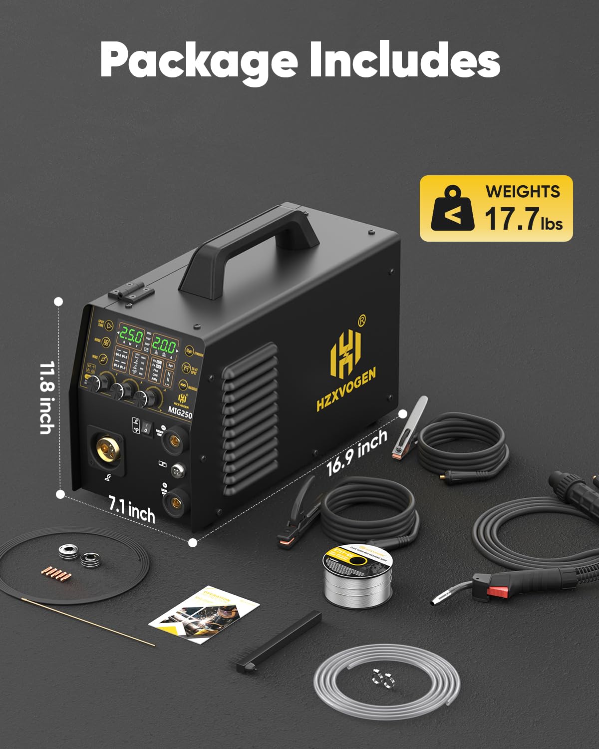 H HZXVOGEN 250A Aluminium-MIG-Schweißgerät, 6-in-1-Schweißgerät für Gas-MIG/Fülldraht-MIG/Lift-TIG/Elektroden-/Punkt-/Spool-Gun-/Puls-MIG-Schweißen, 230V synergische/manuelle Steuerung mit LED-Anzeige