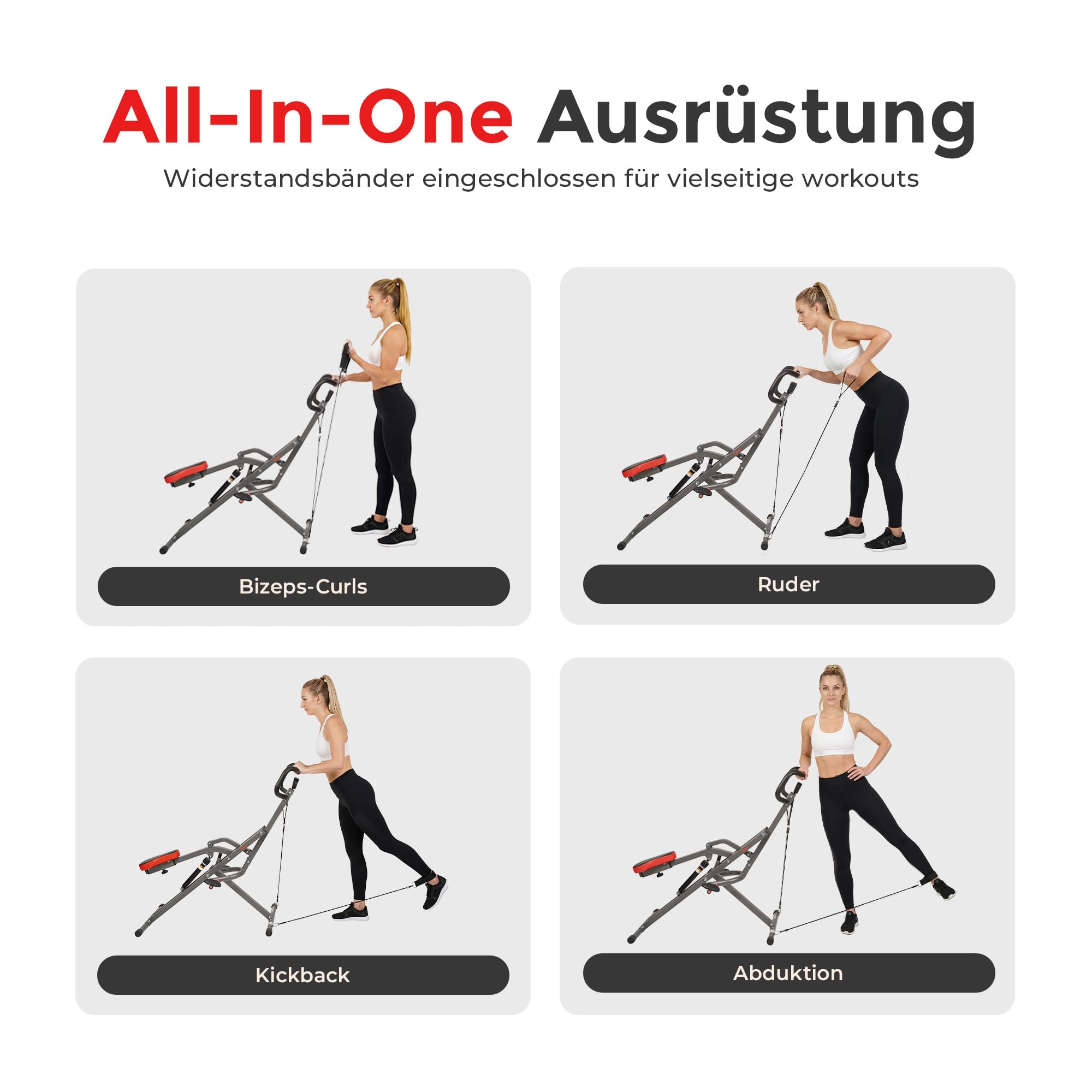 Sunny Health & Fitness Row-N-Ride PRO Ganzkörper Squat Trainingsgerät mit Optionale Widerstandsband, Einfach Aufzubauende Bauch und Ganzkörper Cardio Trainingsgerät für Zuhause, Optionale SunnyFit App