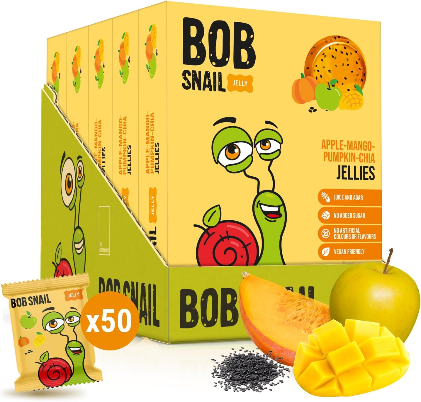 Bob Snail Healthy Fruit Snacks – Jelly Gems – No Added Sugar, Gelatine Free – Natural Sweet Gummy Treats for Kids and Adults, Mini Fruit Bars To Go – 50 Pieces (Mango, Pumpkin and Chia)