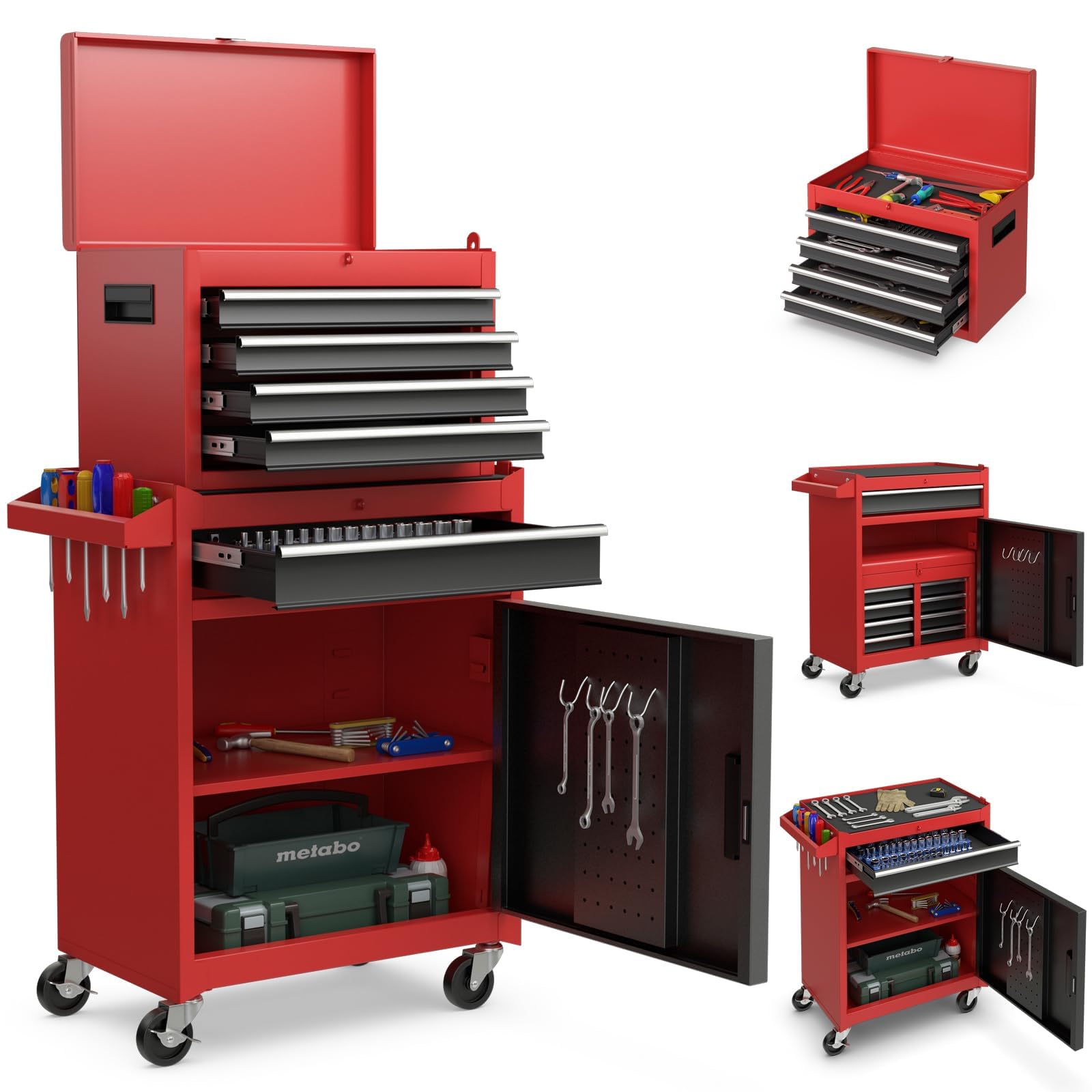 FANTASK Carrello da officina con serratura su ruote, carrello degli attrezzi professionale 2 in 1, con valigetta, 8 scomparti, ganci e ripiano regolabile, 59 x 28 x 102 cm (rosso)