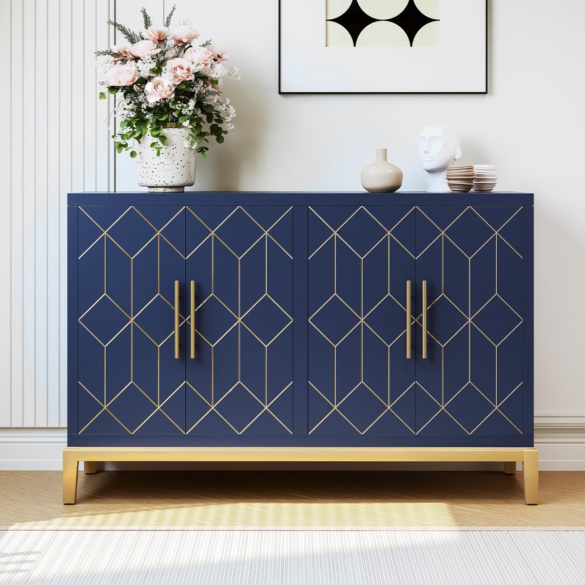 HOLTICO Sideboards for Living Room with 4 Doors, Morden Accent Cabinet, Blue Wooden Buffet Storage Cabinets, Sideboard Living Room, Dining Room, Kitchen, Hallway — image 1