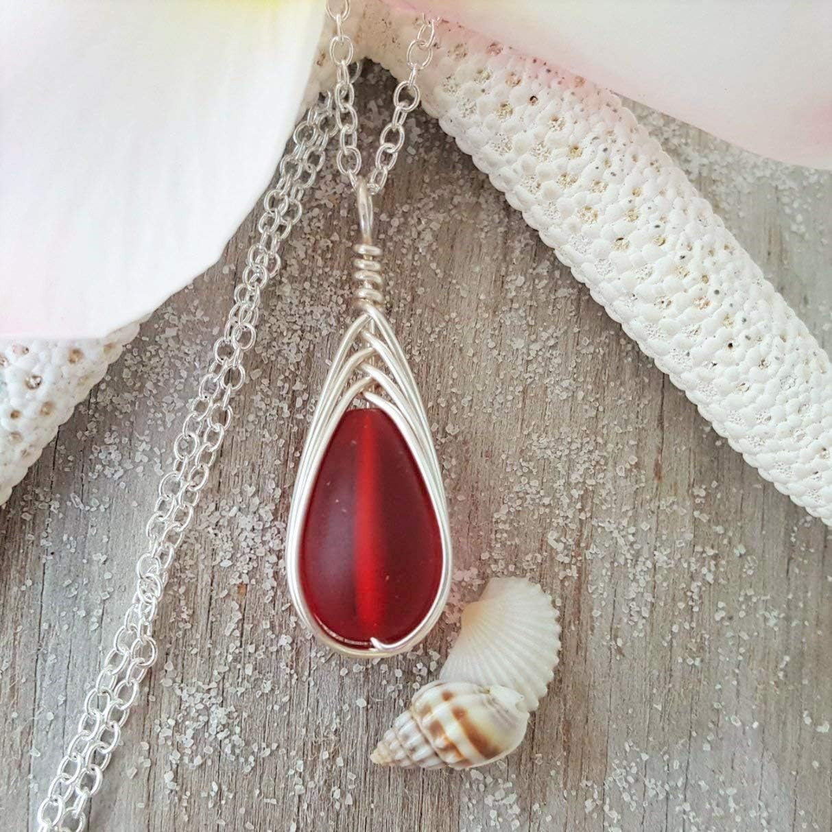 yinahawaii NEW Handmade Sea Glass Necklace, Hawaiian Jewelry for Women, Braided Red Necklace, January Birthstone Jewelry Birthday Gift For Women,