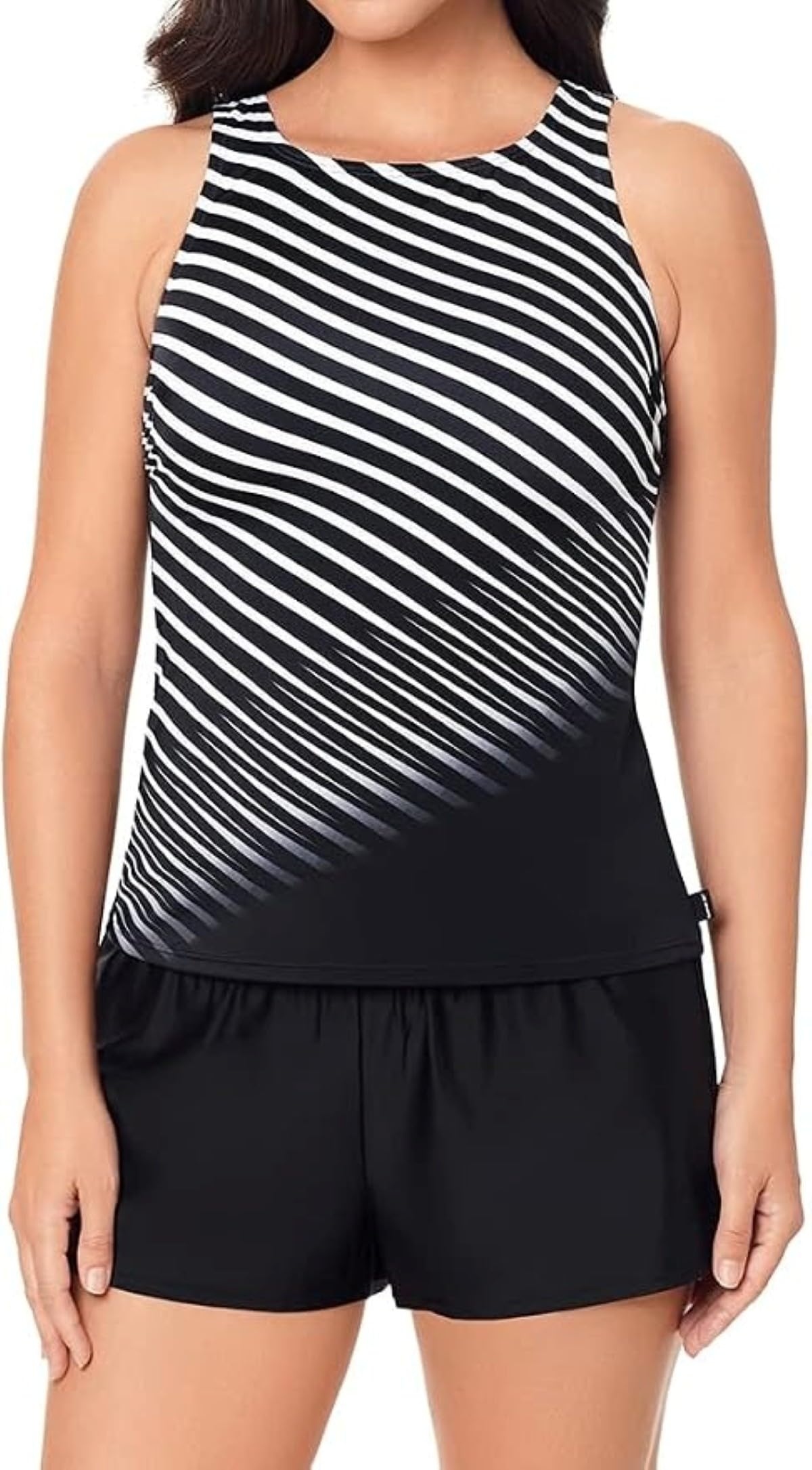Reebok Women's Swimwear Sharp Focus High Neck Soft Cup Tankini Top, Black White, 14