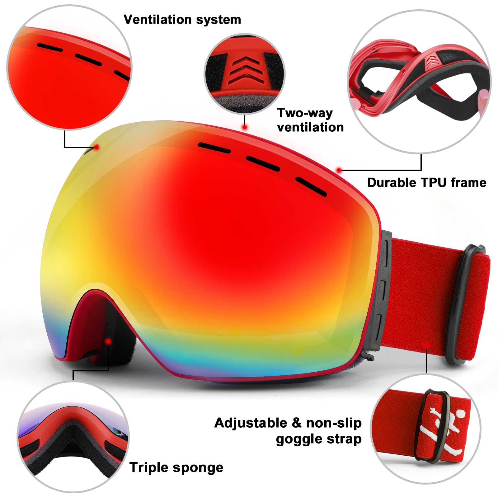 Trusiel Maschera Sci, Occhiali da Sci OTG, Anti Nebbia Anti-UV Maschera da Sci Donna Uomo, Occhiali da Sci Casco Compatibile per Sci Snowboard Sport Invernali