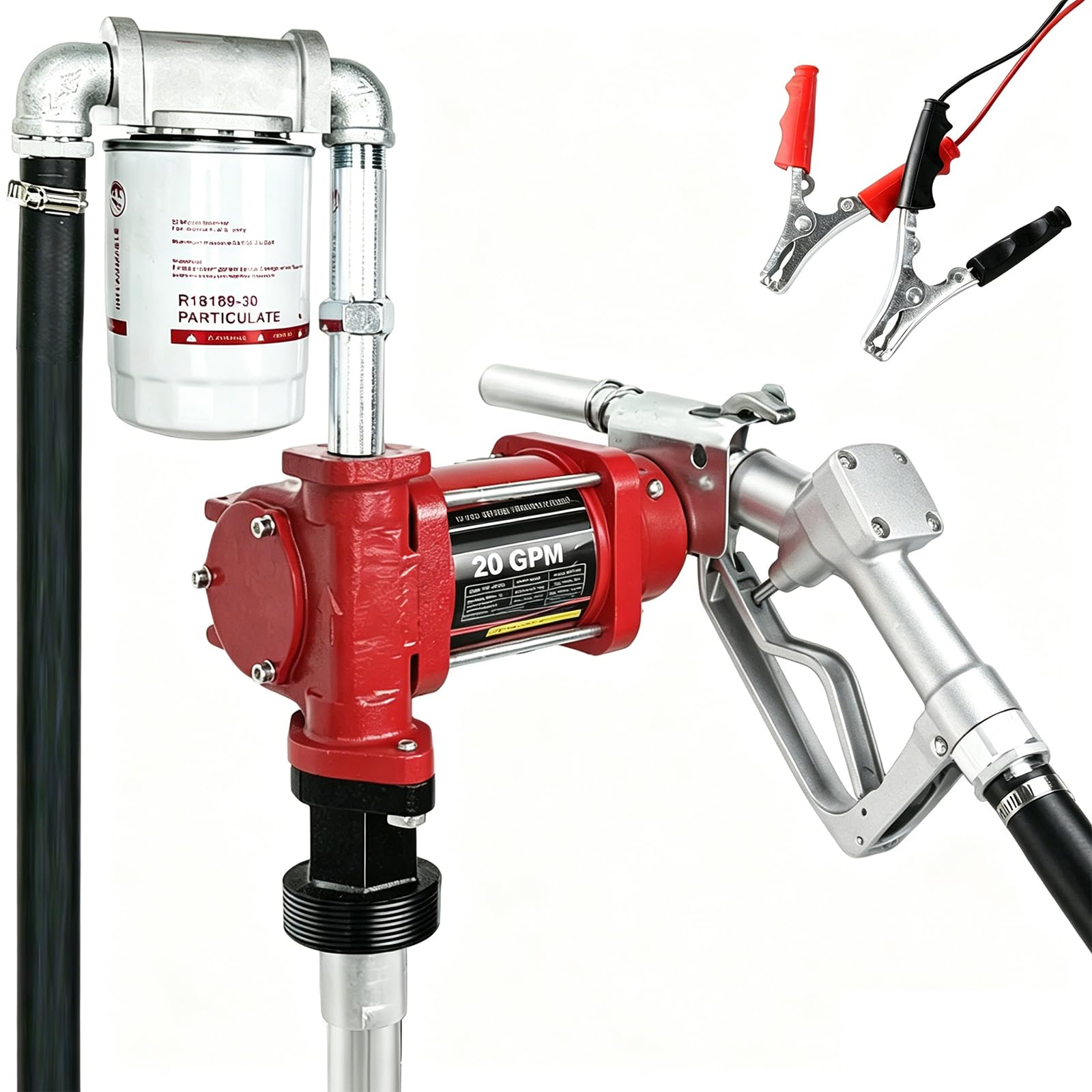 Photo 1 of 12V DC 20GPM Fuel Transfer Pump with Manual Nozzle & Hose Kit for Gasoline Diesel with Particulate Filter Red