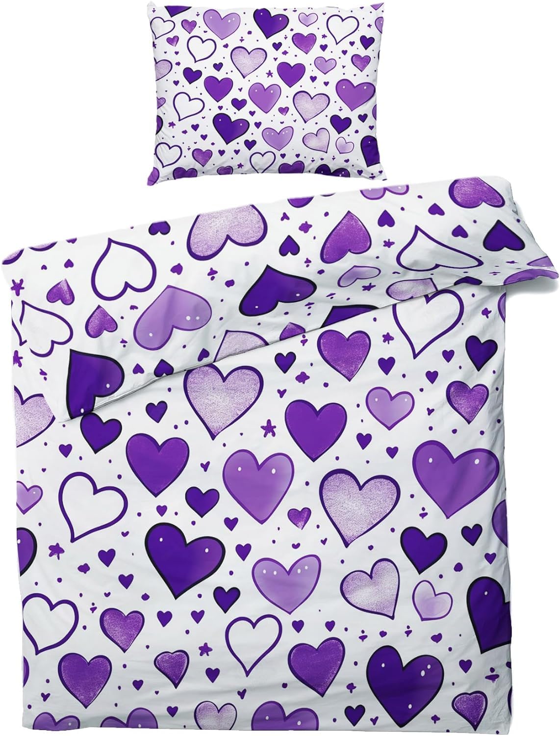 Housse de couette 220x240 cœur violet, parure de lit adulte 2 personnes microfibre zippée