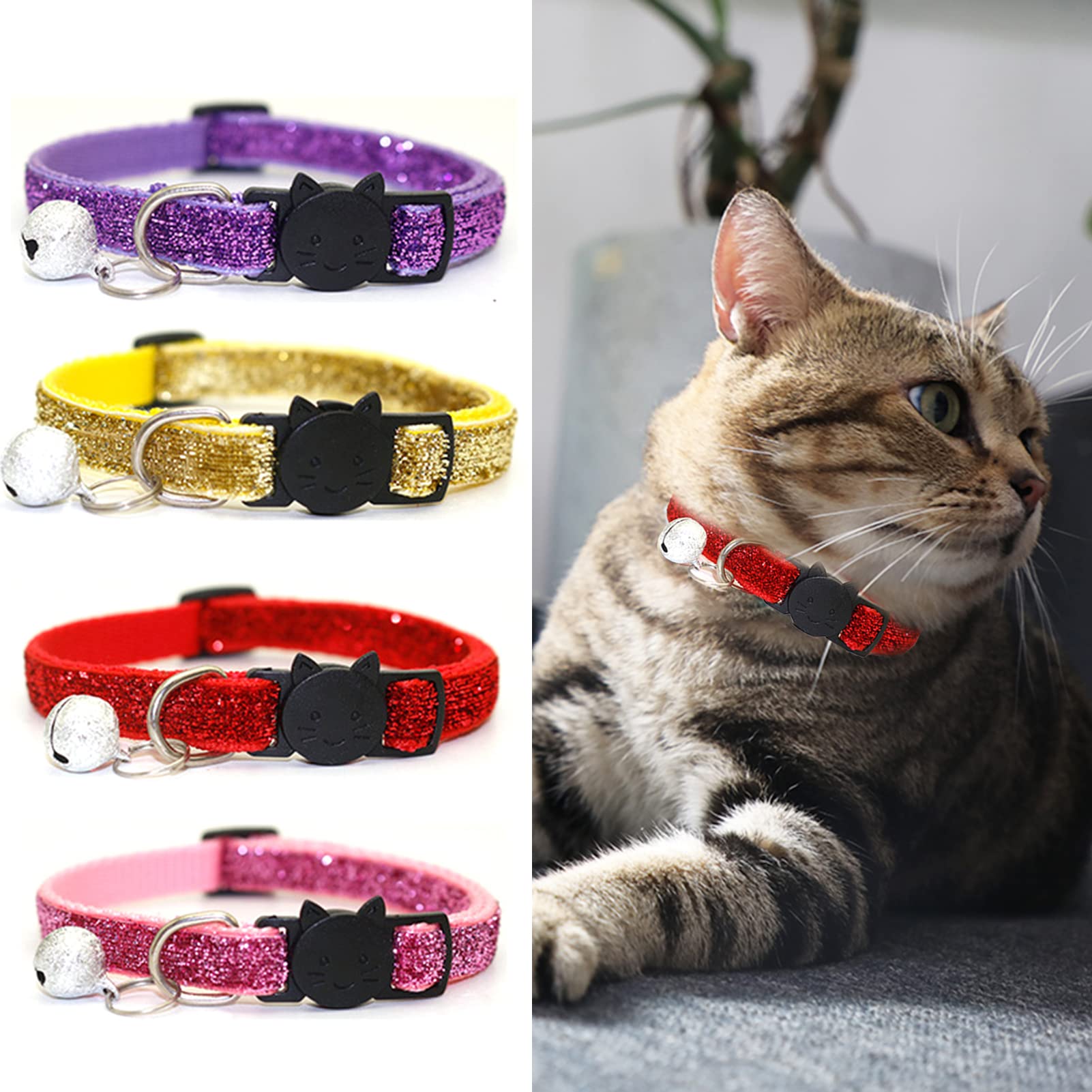 BWESOO Katzenhalsbänder mit Glöckchen, Katzenhalsband, glitzernd, verstellbar, Katzenhalsband, Zubehör für kleine, mittelgroße Hunde und Katzen, Violett