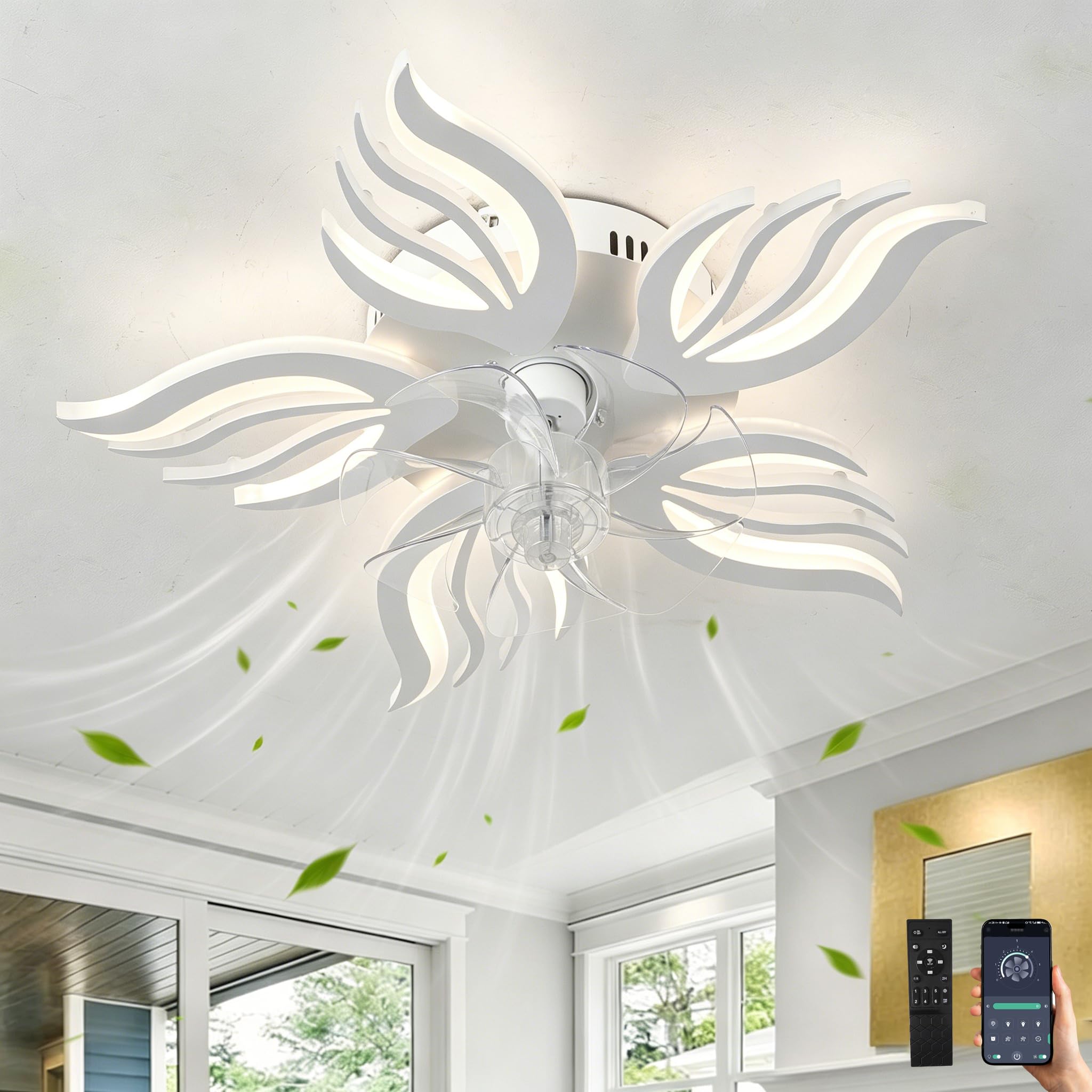 Ceiling Fan Lights for Bedroom with Remote Control APP,LED Dimmable Fan and Light Ceiling with Memory Function,6 Speed Reversible Flower Ceiling Fans with Lights with Timer for Living Room, White