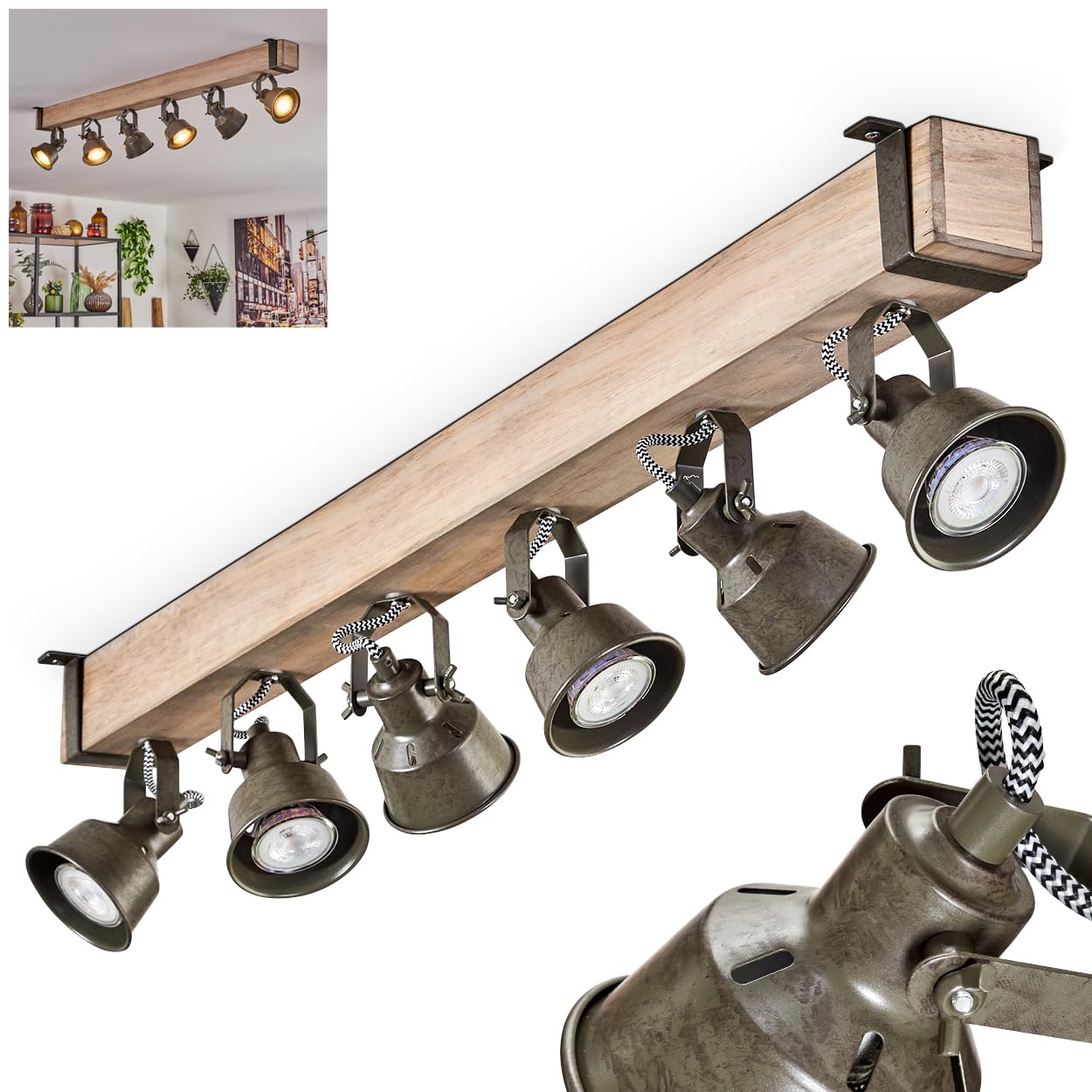 Pehefito Ceiling Light, Modern Ceiling lamp Made of Metal/Wood in Black/Nature/Green-Grey, Ceiling Light in Industrial Design with Adjustable Shades, 6 Lights, 6 x GU10 Without Bulbs