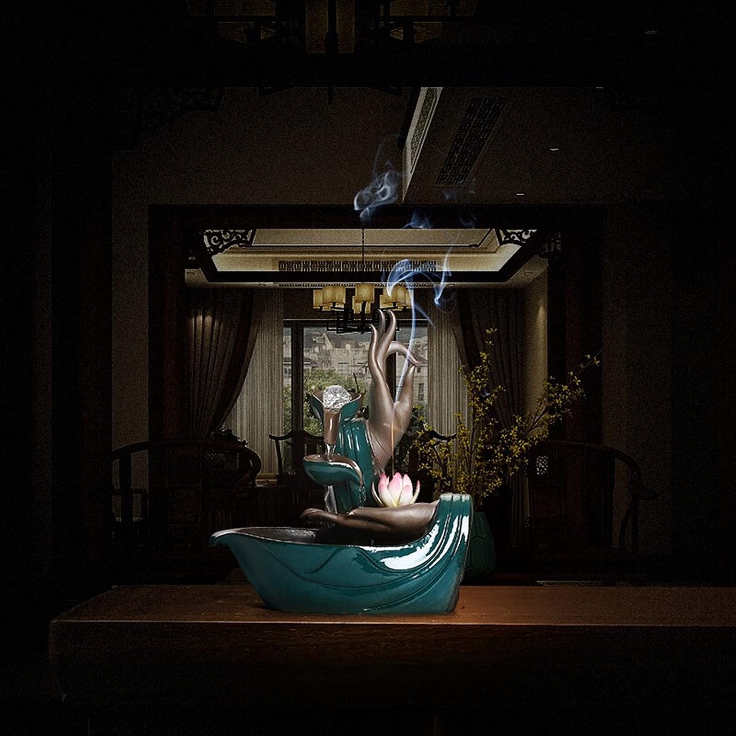 Indoor Tabletop Waterfall Fountain Buddha's Hand Ceramic Desktop Fountain Zen Fountain Waterfall Incense Holder Decoration Suitable for Office Home Decoration Meditation Fountain