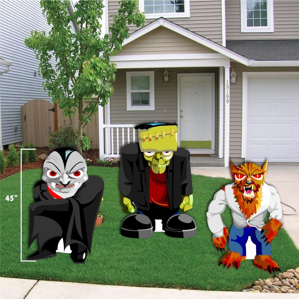 VictoryStore Yard Sign Outdoor Lawn Decorations: Halloween Yard Decoration Frankenstein, Werewolf, and Dracula Stand up Yard Decorations with easels and 6 EZ Stakes