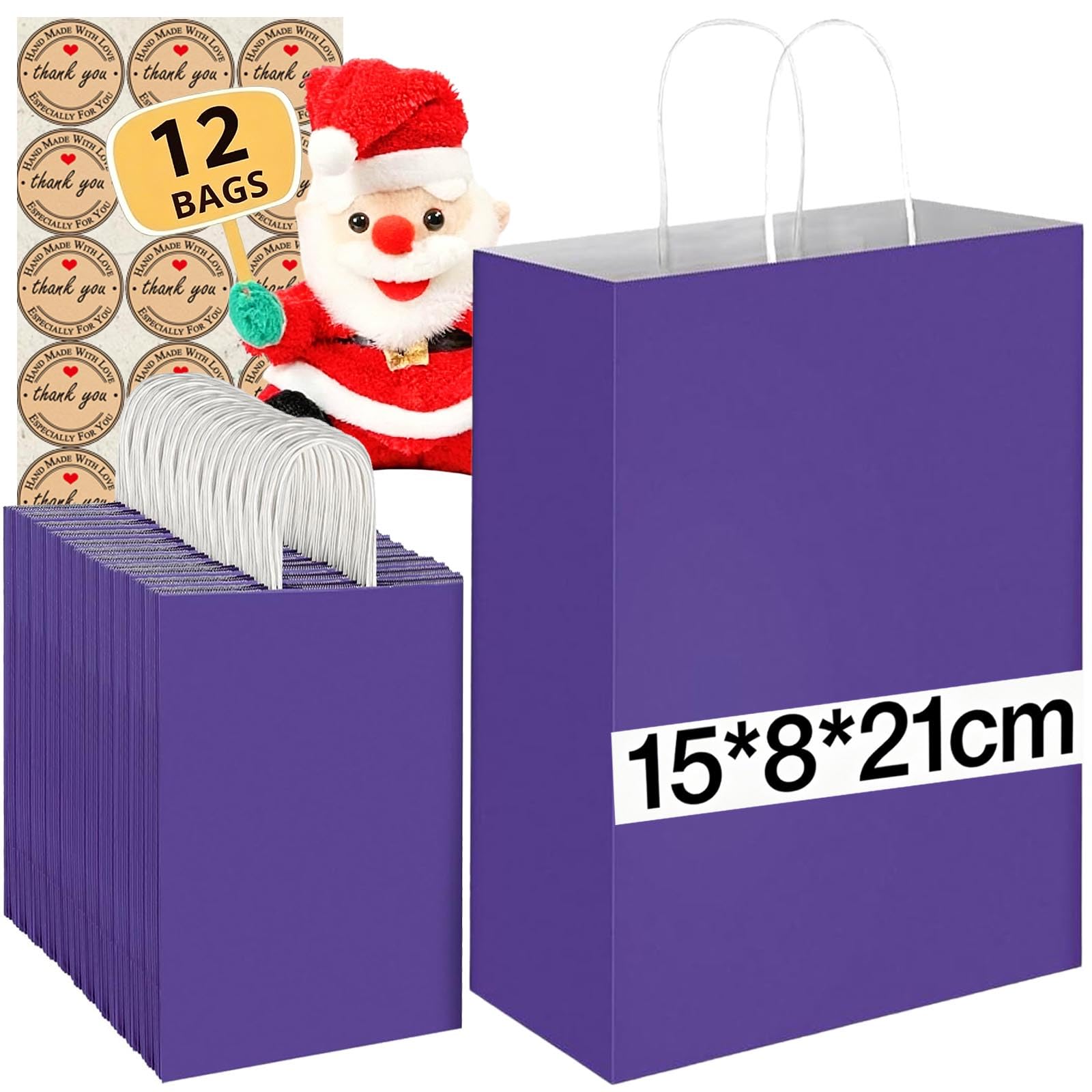 12Pcs Small Paper Bags With Handles, Paper Gift Bags (21x15x8cm), 130GMS Thicken Kraft bags Party Favor Shopping includes lables for Favor Birthday Party Wedding Shopping Retail (Purple-D)