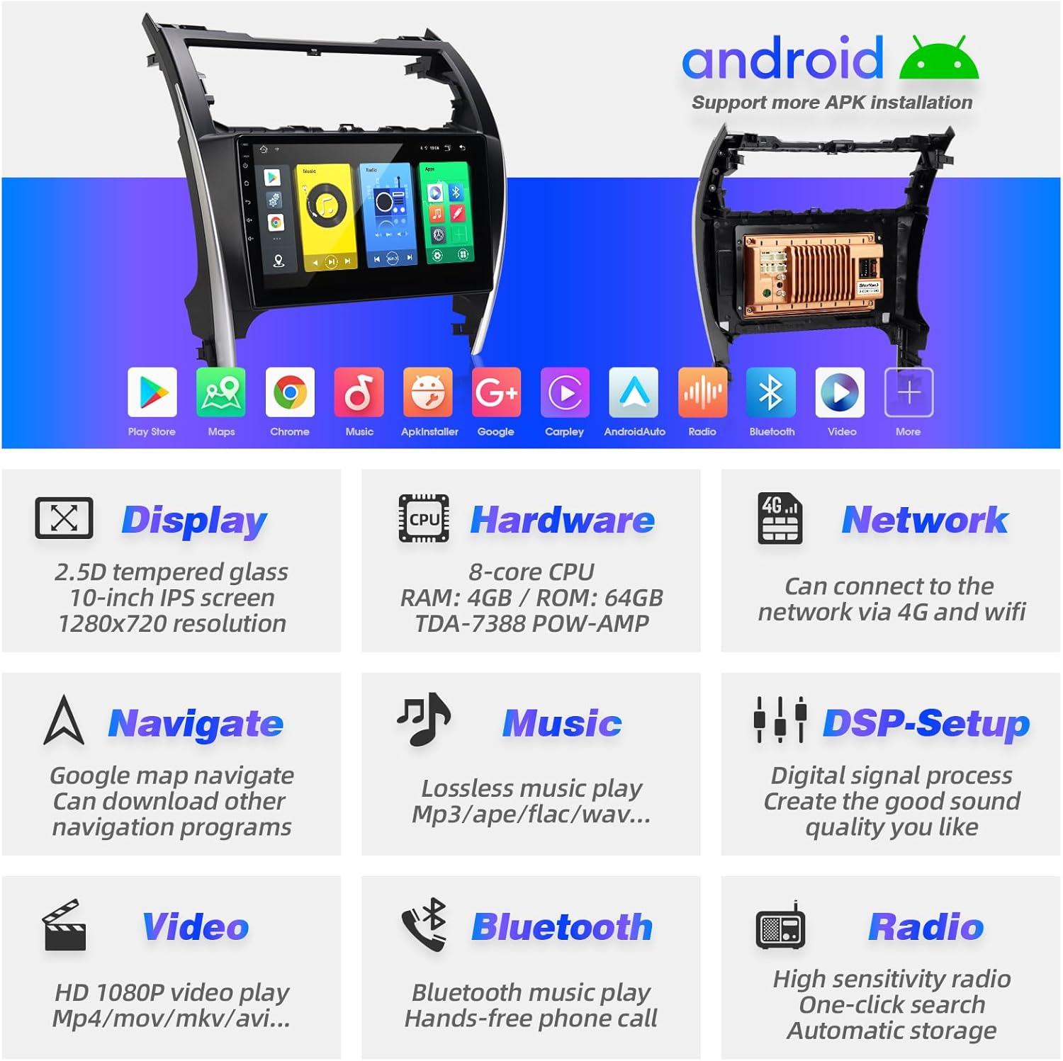 for Android Compatible with Wirelessly Carplay Android Auto,Car Radio Stereo Bluetooth Navigation GPS WiFi FM/AM 8 core 4GB+64GB 1280X720 Touchscreen Rear Camera for Toyota Camry 2012-2014