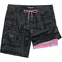 Mens Swim Trunks 7" Swim Shorts with Compression Liner Quick Dry Swimming Trunks Plaid Grain Bathing Suit