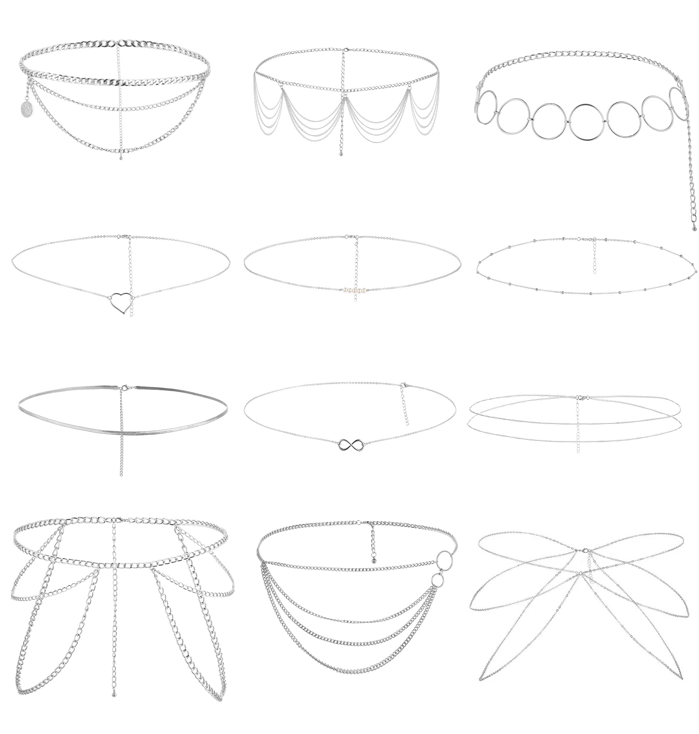 REVOLIA12 Pcs Belly Waist Chains for Women Girls Sexy Belts Multilayer Bikini Body Chain Summer Beach Body Jewelry Set