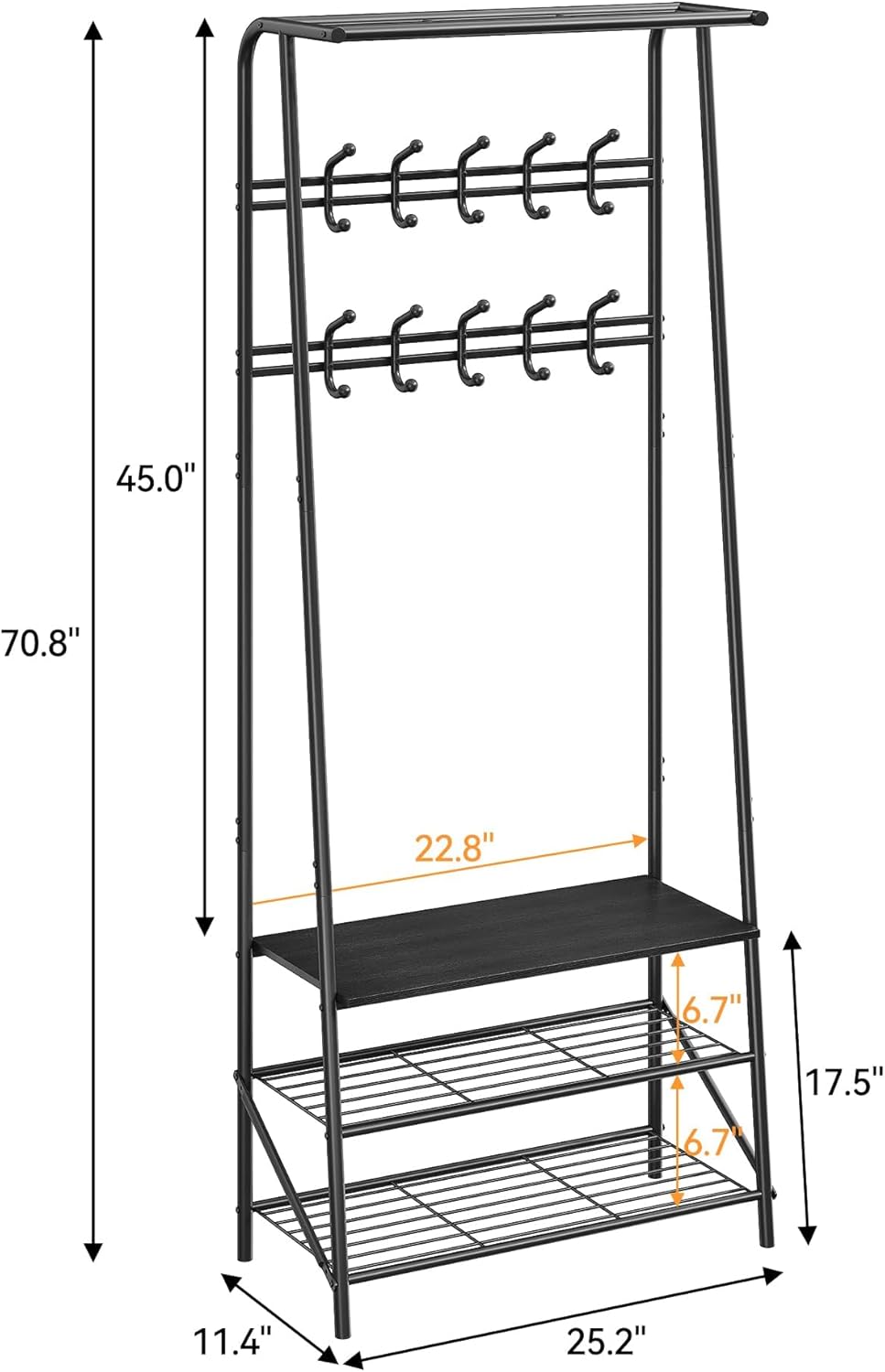 Jojoka 25" Coat Rack, Hall Tree with Shoe Bench and Storage, 4-Tier Shelf with 5 Hooks, Freestanding Metal Entryway Organizer for Hallway, Accent Furniture for Bathroom