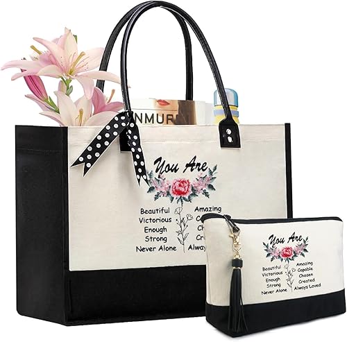 Vista 33 de Bolsa de regalo personalizada BeeGreen para Navidad para mujer, bolso de mano de lona con asa de cuero superior para mamá, amigas, cumpleaños, boda