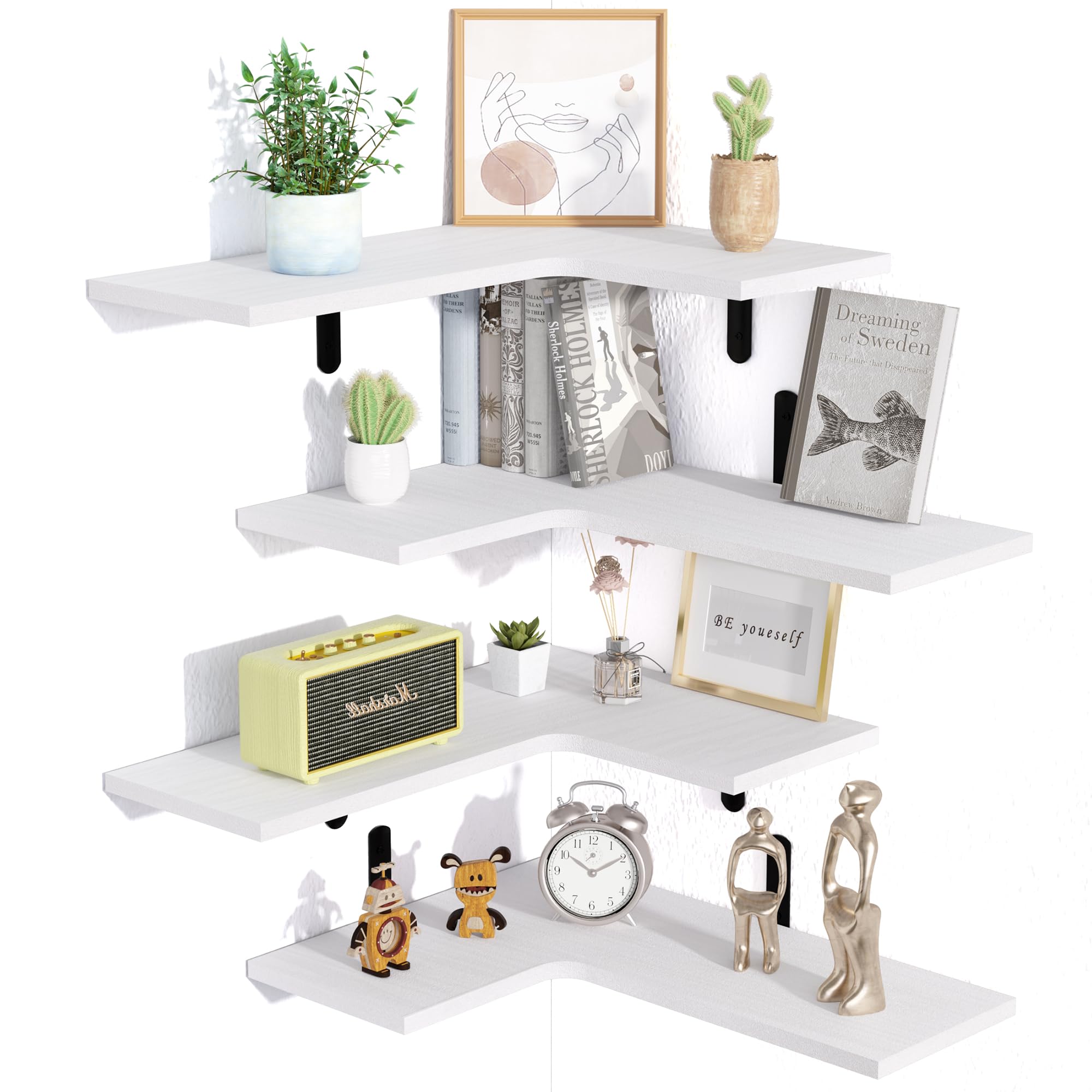 upsimples Corner Floating Shelves Set of 4, Wood Corner Shelf for Wall Decor Storage, Rustic Wall Mounted Storage Shelves for Living Room, Bathroom, Bedroom, Kitchen (White)
