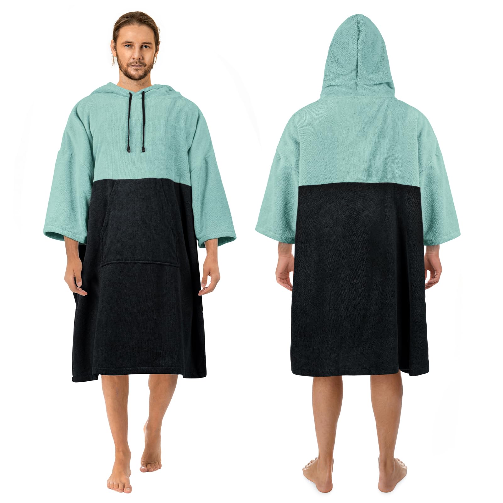 Poncho de surf à enfiler, manches 3/4, très grand, épais poncho à capuche pour homme et femme, baignade en bord de mer, 109,2 cm x 88,9 cm, noir vert