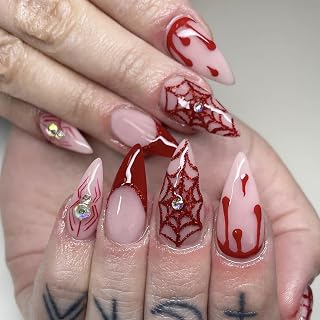 24Pcs Halloween Press On Nails - Stiletto Spider Fake Nails with Red Cobweb, Medium Almond Size, Rhinestone Design, French Tip, Blood Glue, Manicure Decor