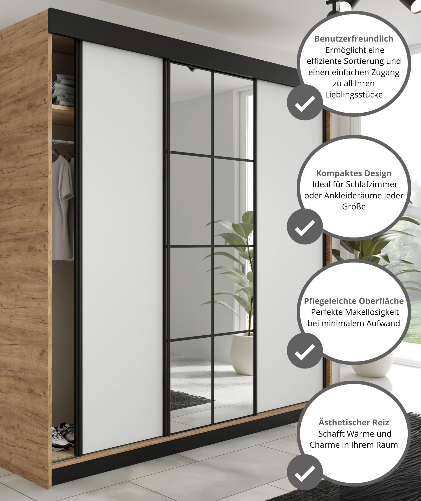 KIER FURNITURE Schiebegarderobe LAMARO mit Spiegel - Schrank Schlafzimmer - Schlafzimmerschrank - Wardrobe Bedroom - Kleiderschränke - Kleiderschrank Weiß - 250x205x59 cm