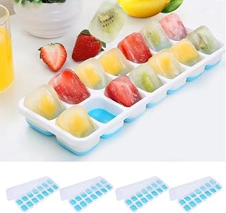 Ice Cube Trays Set of 4 with Lids 14 Grids Each Stackable Easy Release Silicone Ice Mold for Freezer Kitchen Use(Blue)