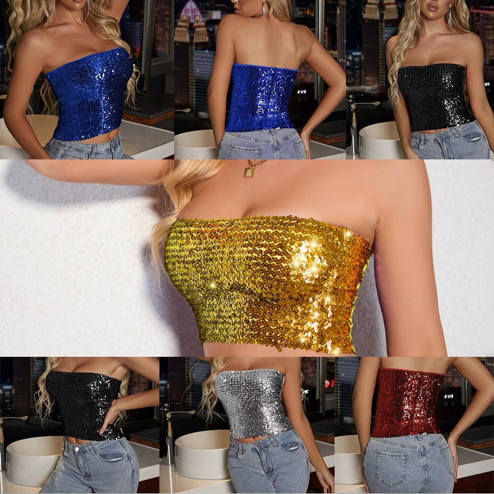 Women Belly Dance Sequin Tube Top Sparkle Sleeveless Crop Bra Club Vintage Rave Costume for Halloween Party - Image 6