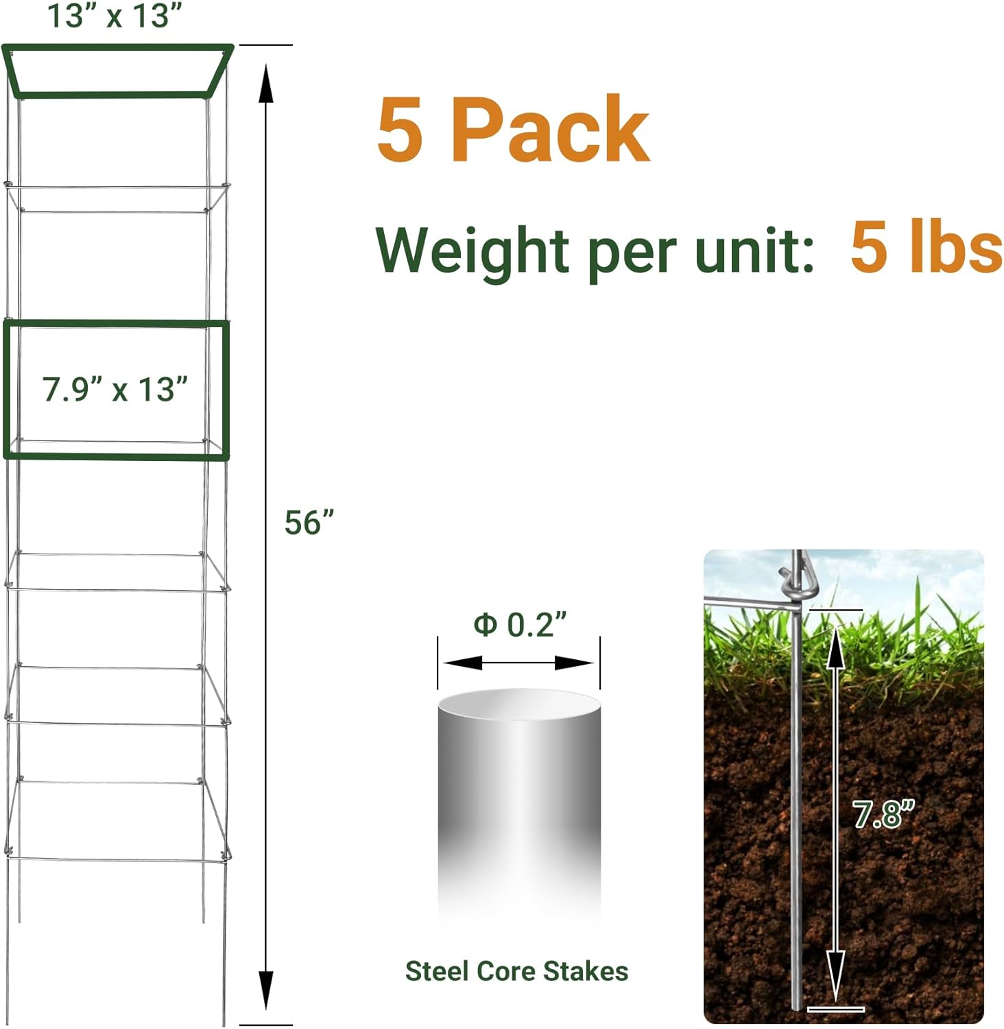 Metal Foldable Tomato Cages 13" x 56", Square Tomato Cages Plant Support for Vegetable Garden, Heavy Duty Tall Tomato Cages for Beans, Tomatos, Cucumbers - 5 Pack