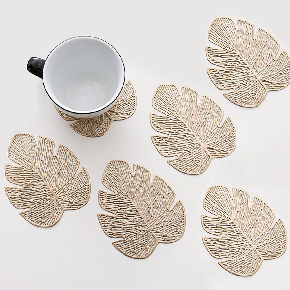 SCF2017 PVC Banana Leaf Shape Coasters for Drink Cup Mats Small Cute Placemats Set of 6,Gold