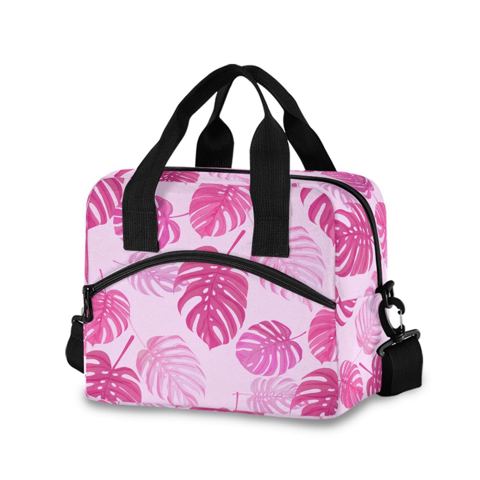 Sinestour Insulated Lunch Bag Reusable Cooler Monstera Leaf Pink Lunch Box Adjustable Shoulder Strap for Adults Men Women