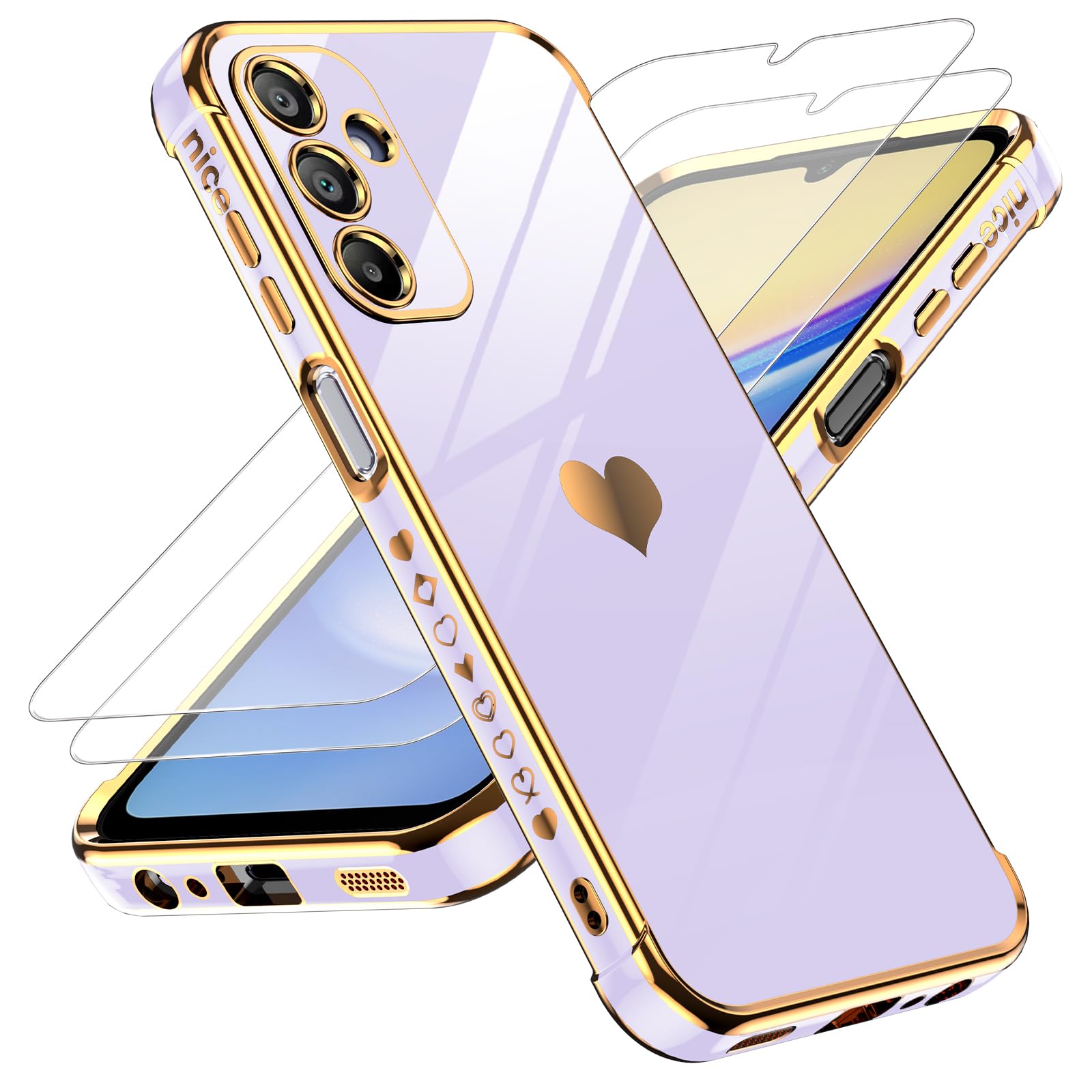 LeYi for Samsung Galaxy A15 5G Case: with Tempered Glass Screen Protector [2 Pcs]+Camera Lens Protection, Love Heart Plating Girly Luxury Shockproof Case for Samsung A15, Cute Present for Mom, Purple