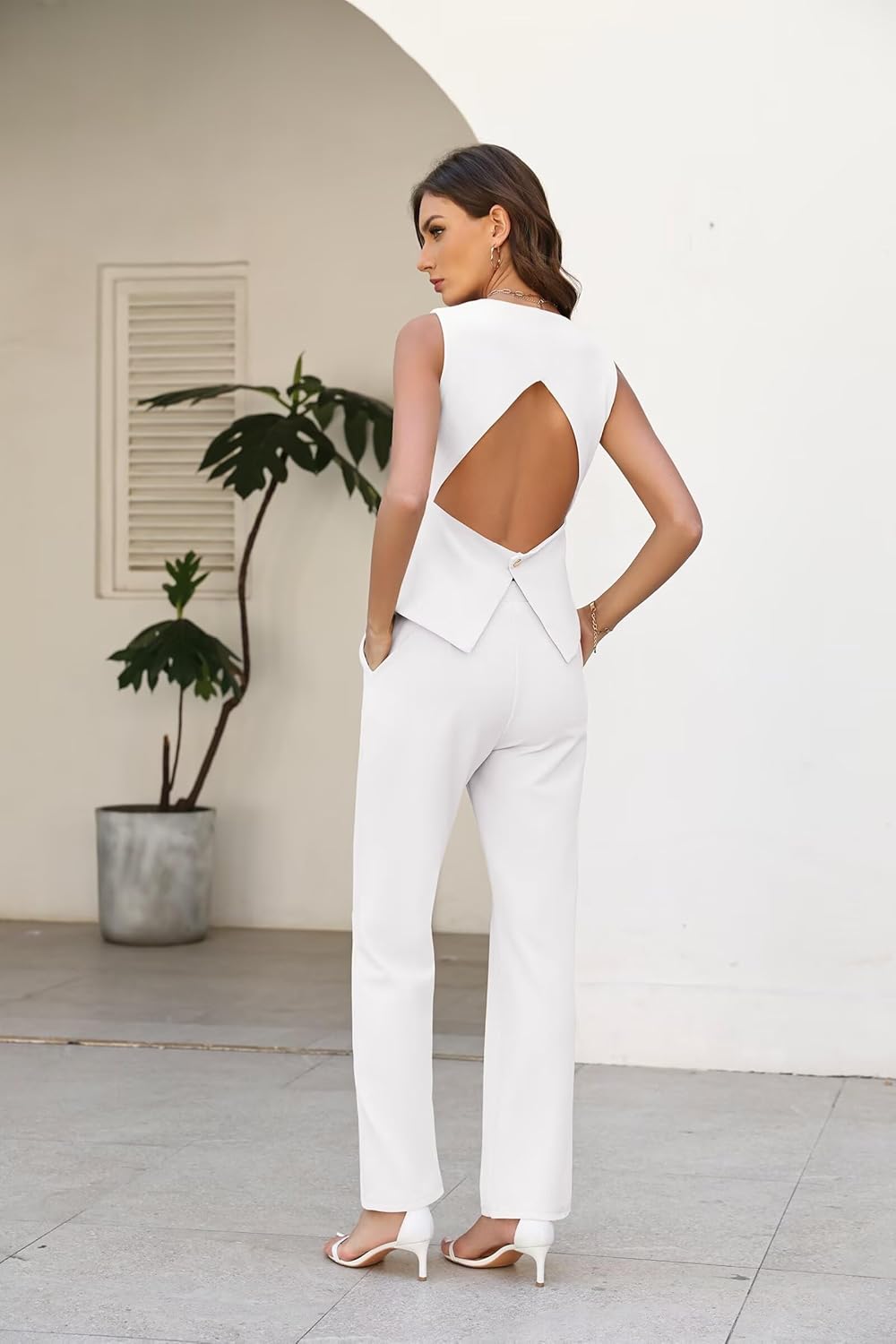 Ophestin Women's 2 Piece Pant Suits Dressy Backless Vest Blazer and Straight Leg Pantsuit Set Business Casual Outfits - Image 4
