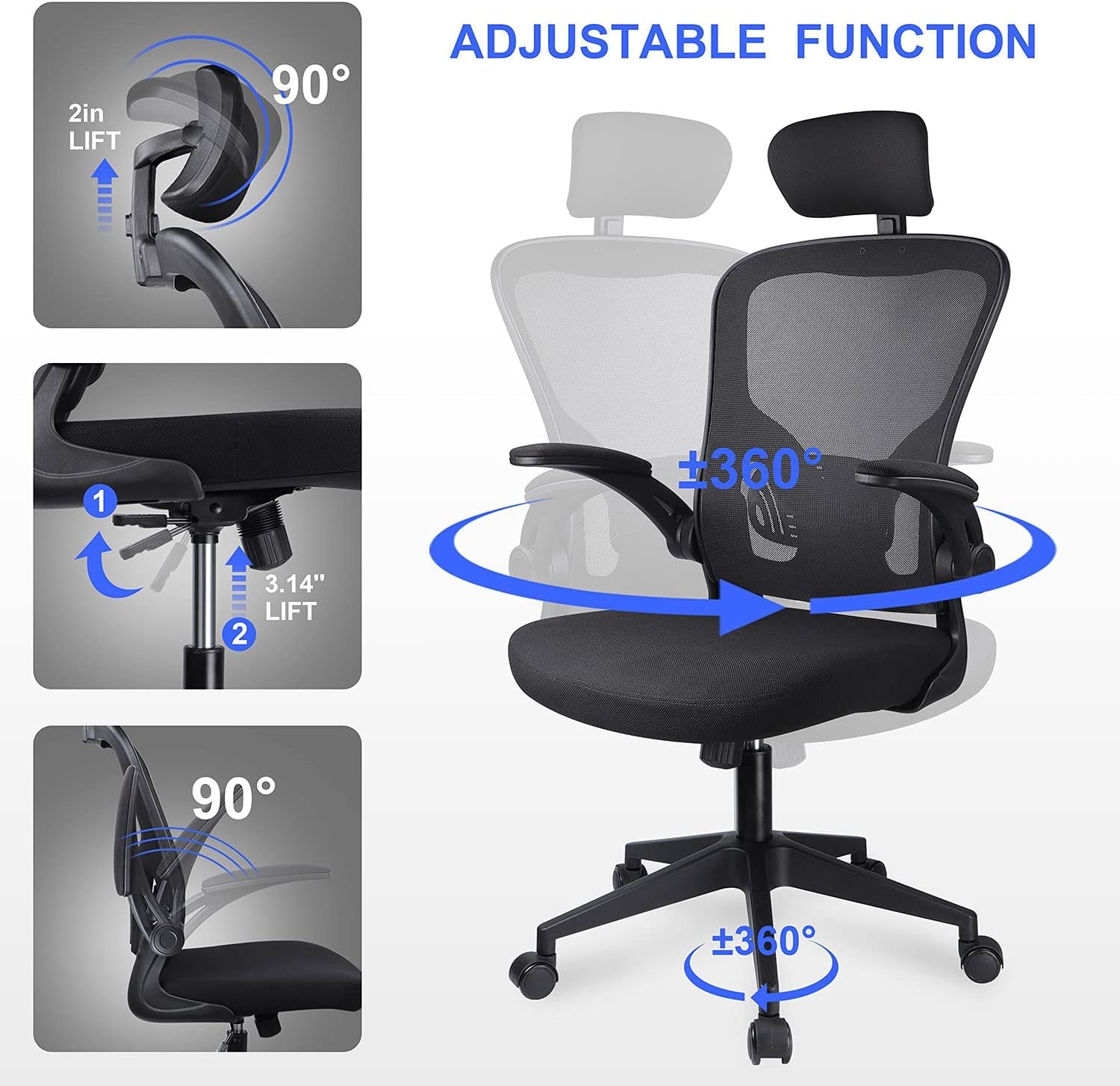 Bürostuhl Ergonomisch Computerstuhl mit Verstellbarer Kopfstütze und Lordosenstütze Schreibtischstuhl Ergonomischer Bürostuhl für Home Büro Bis 150KG Belastbar (Schwarz)