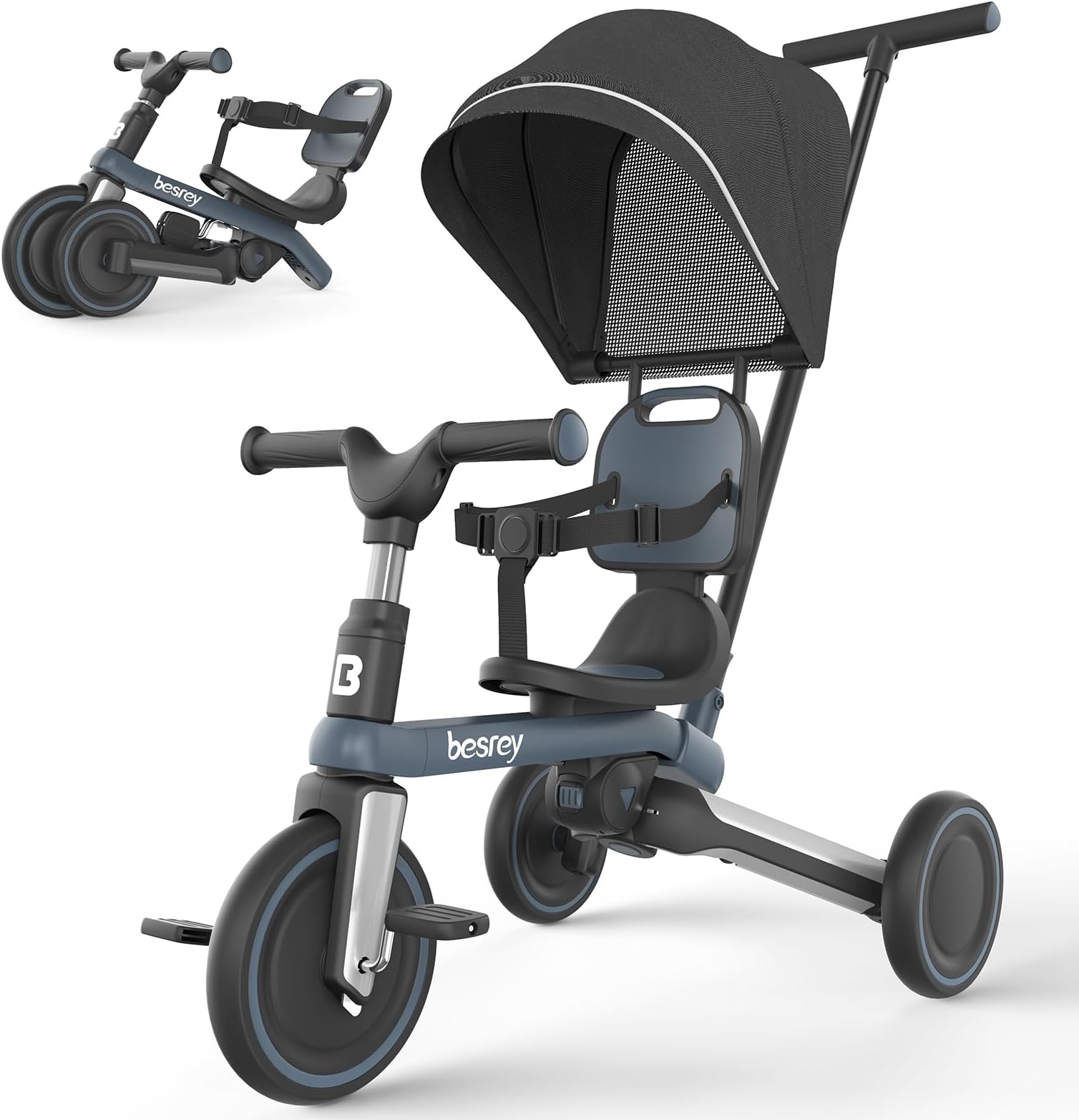 besrey Toddler Tricycle with Parent Steering Push Handle for 1-3 Years Old Girls and Boys, Toddler Bike with Removable Pedals and Canopy, Foldable Kids Push Trike, (Updated Version 2.0 Dark Gray)