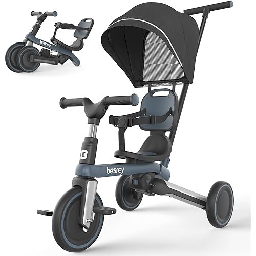 besrey Tricycle for Toddlers 1-3, Toddler Bike, Birthday Gifts and Toys for Boys and Girls, Toddler Tricycle with Push Handle and Canopy, 7 in 1 Baby Trike, Balance Bike(Updated Version 2.0 Dark gray)